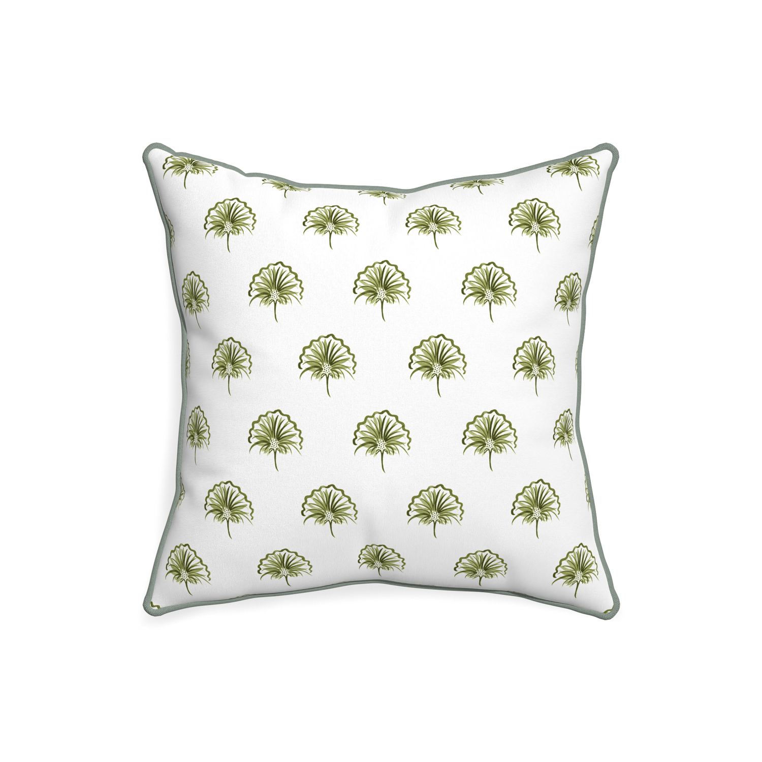 20-square penelope moss custom green floralpillow with sage piping on white background