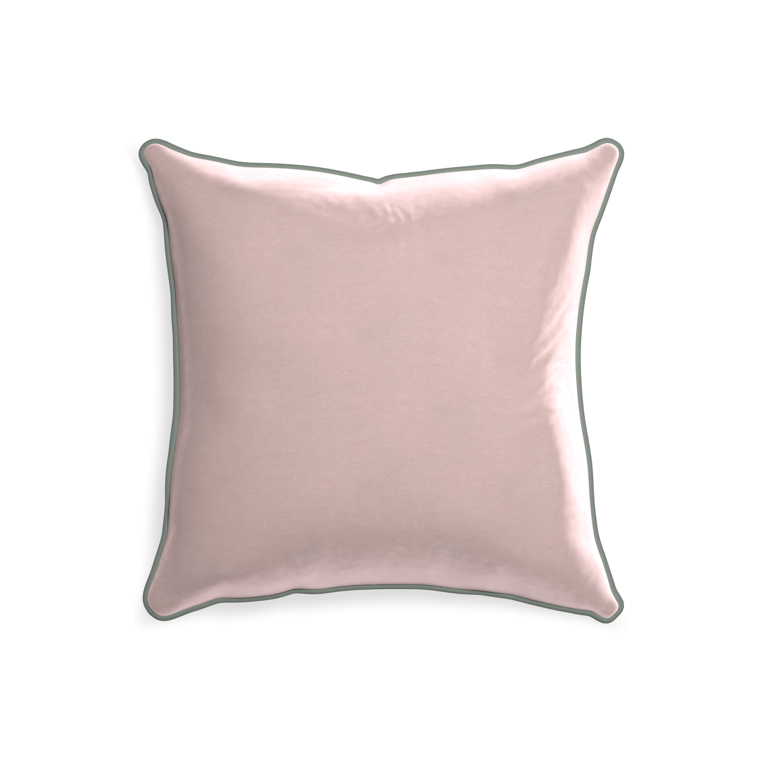20-square rose velvet custom light pinkpillow with sage piping on white background