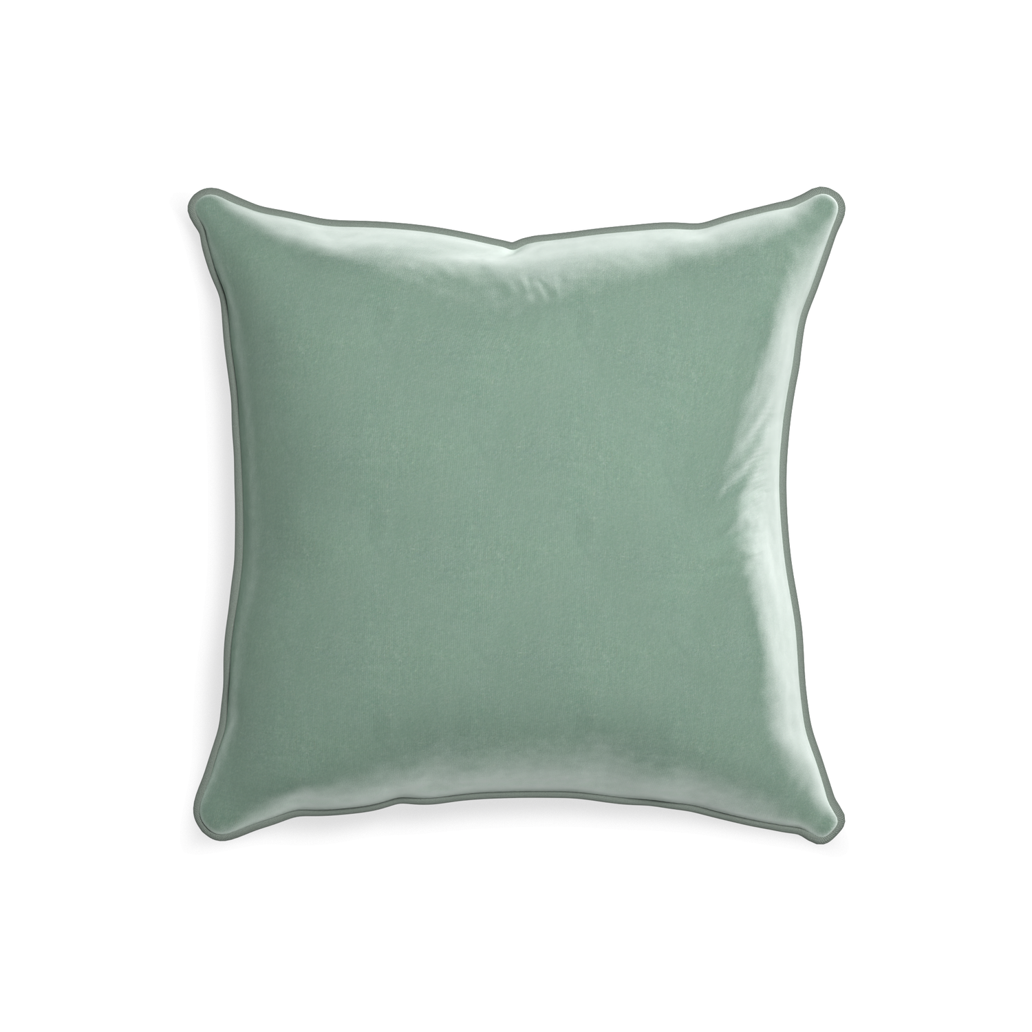 20-square sea salt velvet custom blue greenpillow with sage piping on white background