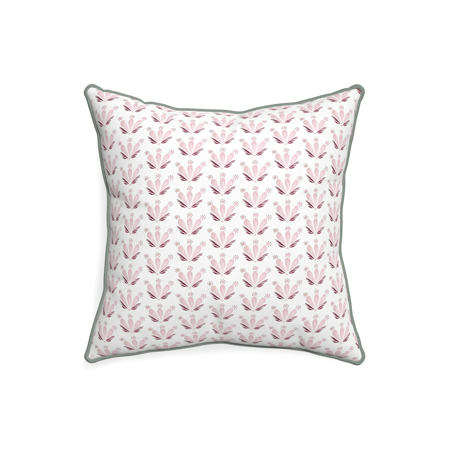 20-square serena pink custom pink & burgundy drop repeat floralpillow with sage piping on white background