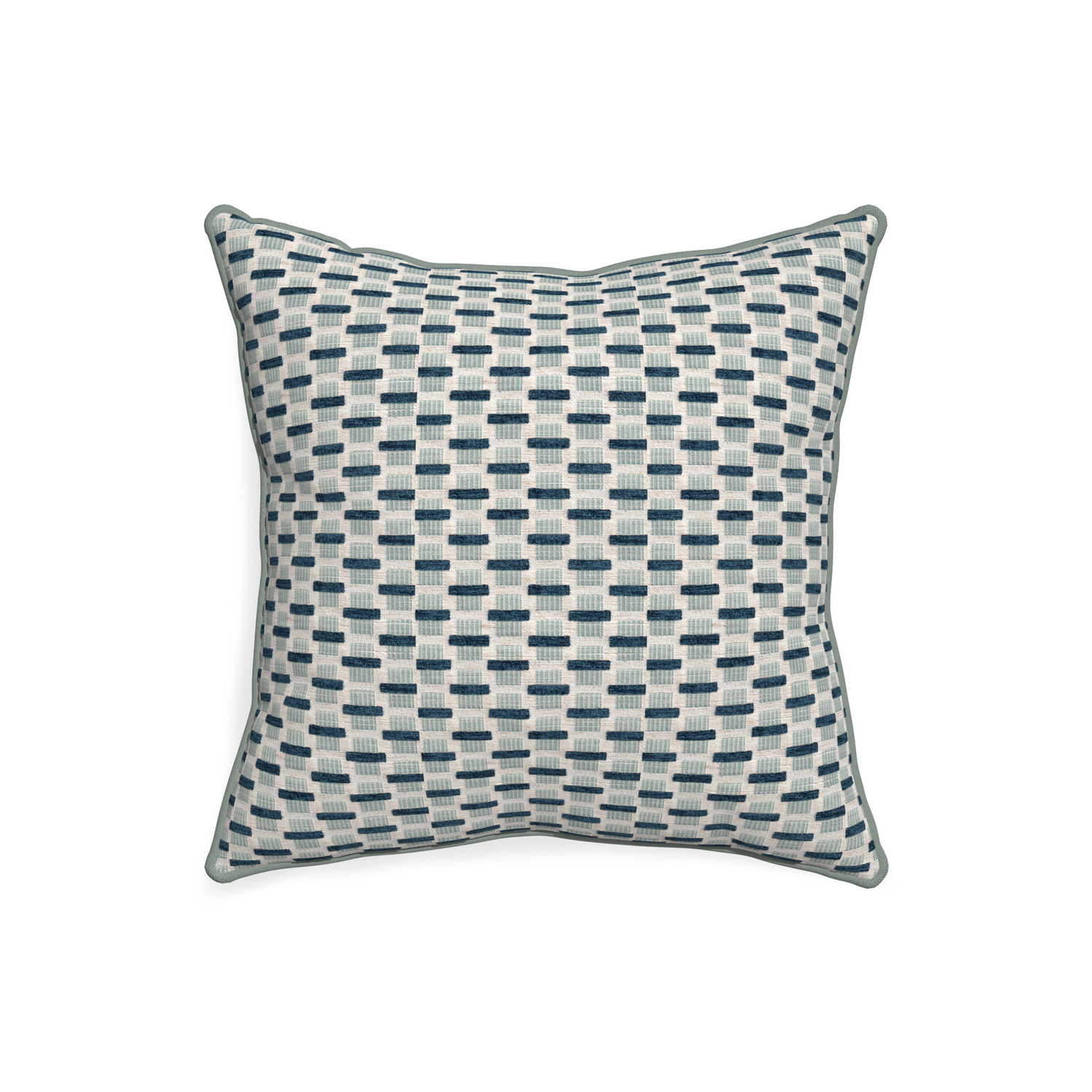 20-square willow amalfi custom blue geometric chenillepillow with sage piping on white background