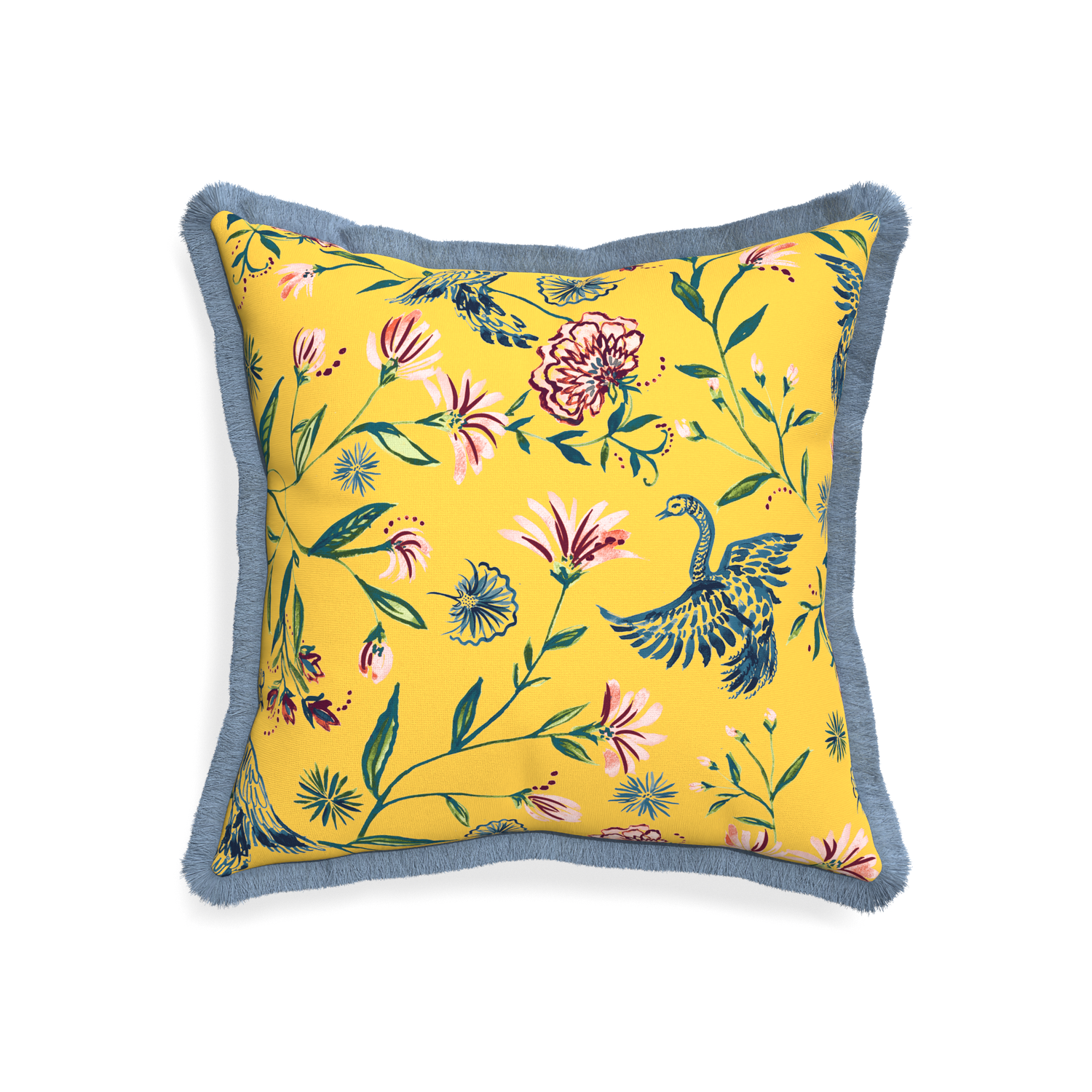 20-square daphne canary custom pillow with sky fringe on white background