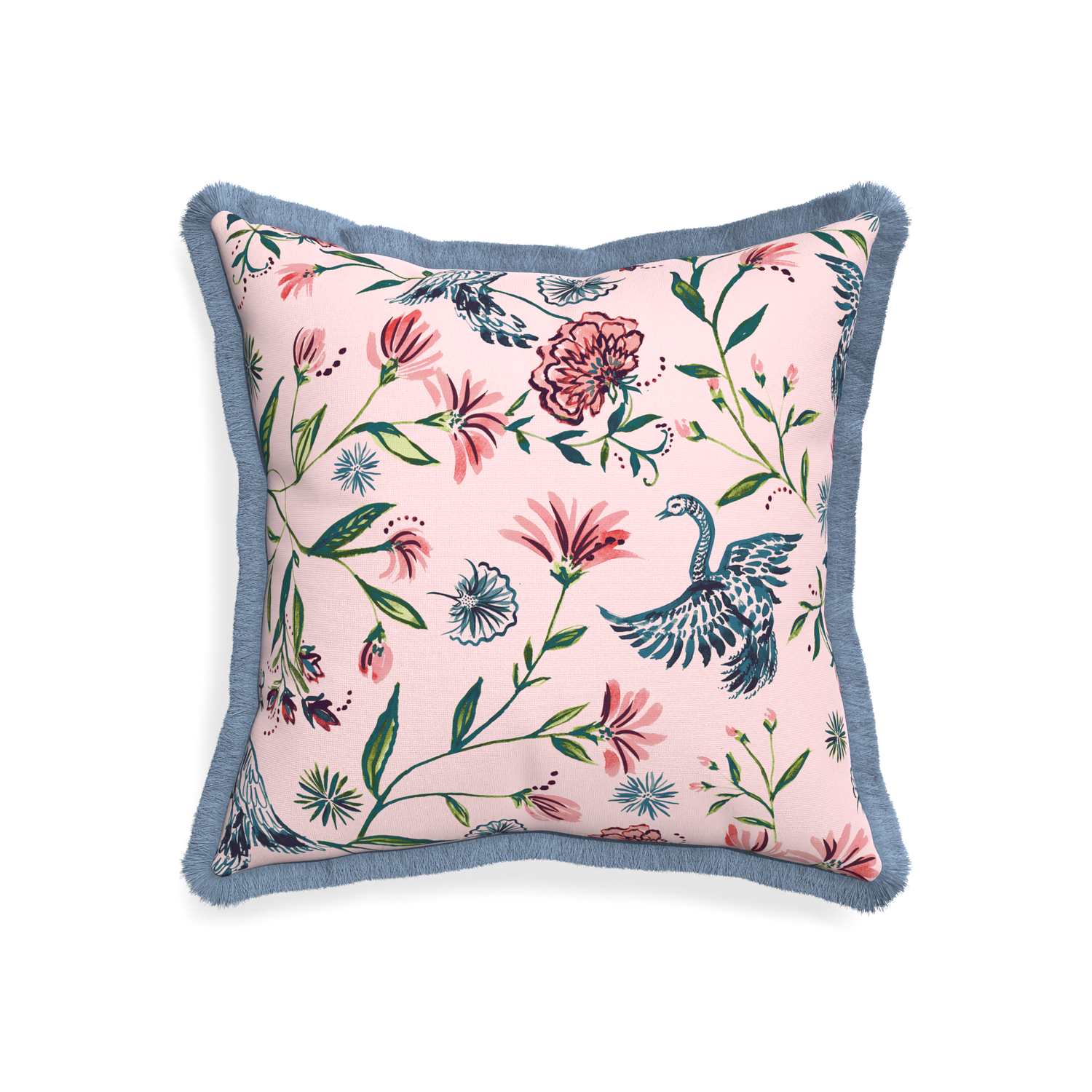 20-square daphne rose custom pillow with sky fringe on white background
