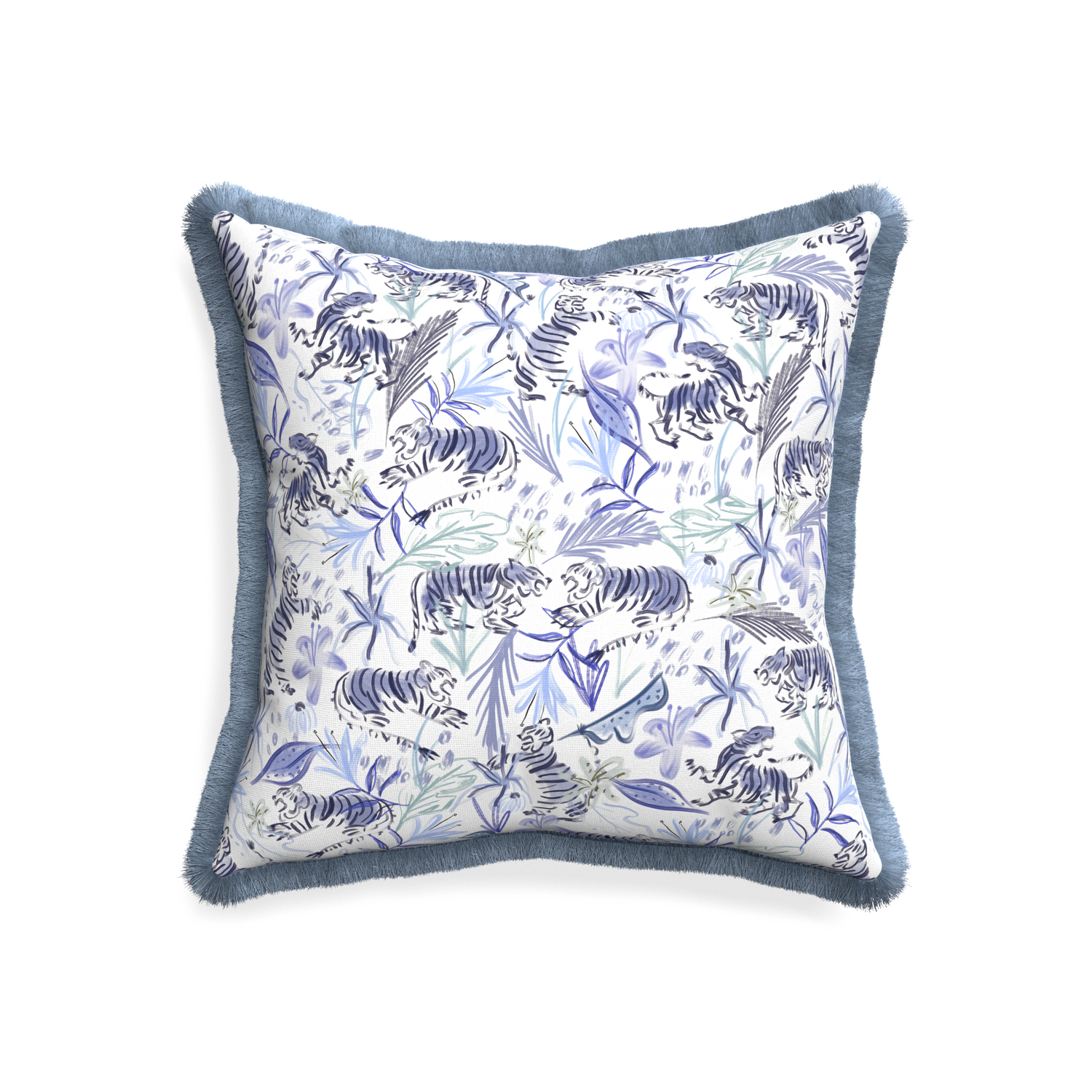 20-square frida blue custom blue with intricate tiger designpillow with sky fringe on white background