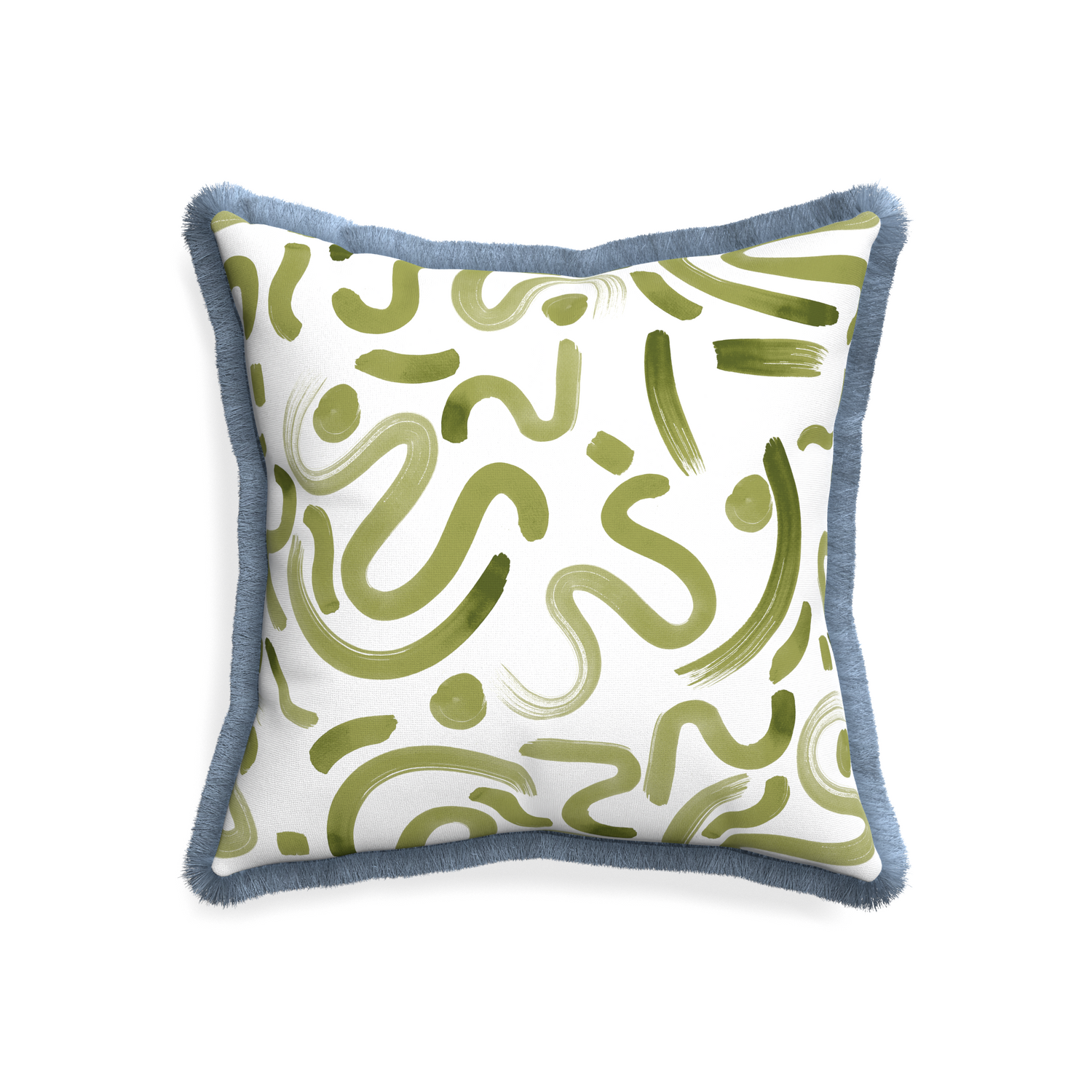 20-square hockney moss custom pillow with sky fringe on white background
