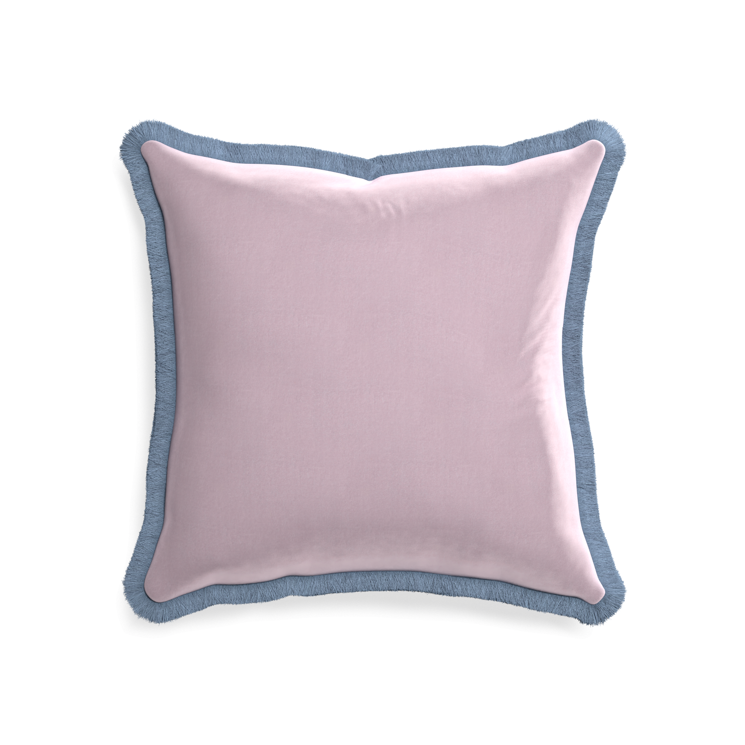 20-square lilac velvet custom pillow with sky fringe on white background