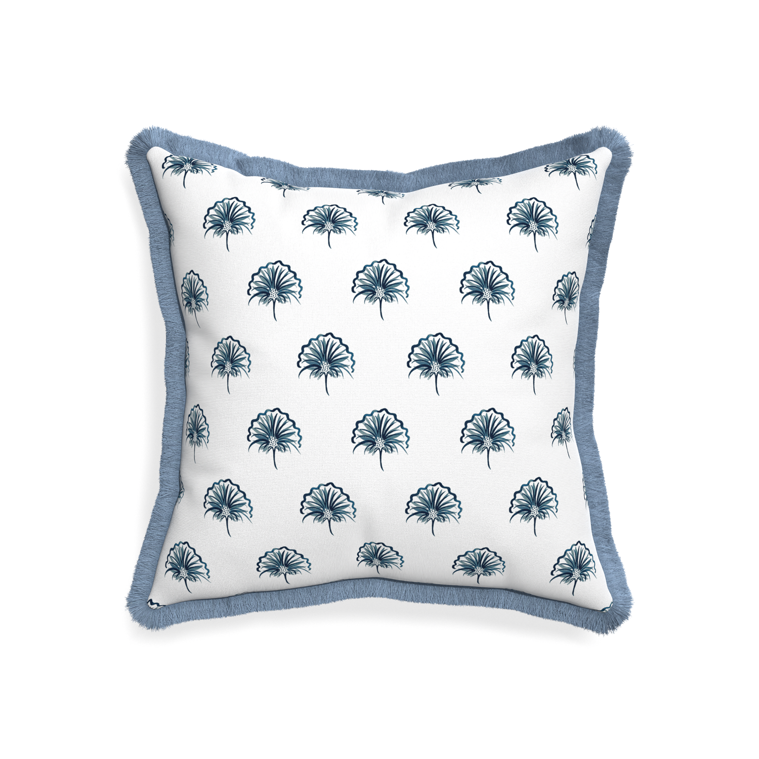 20-square penelope midnight custom floral navypillow with sky fringe on white background