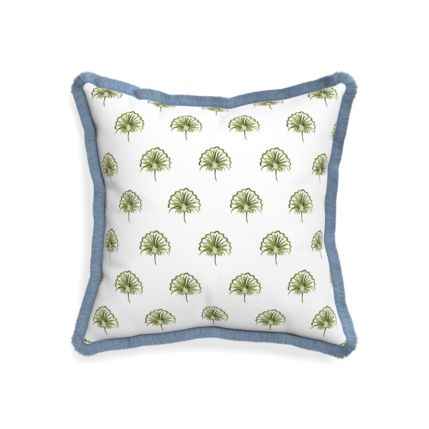20-square penelope moss custom green floralpillow with sky fringe on white background