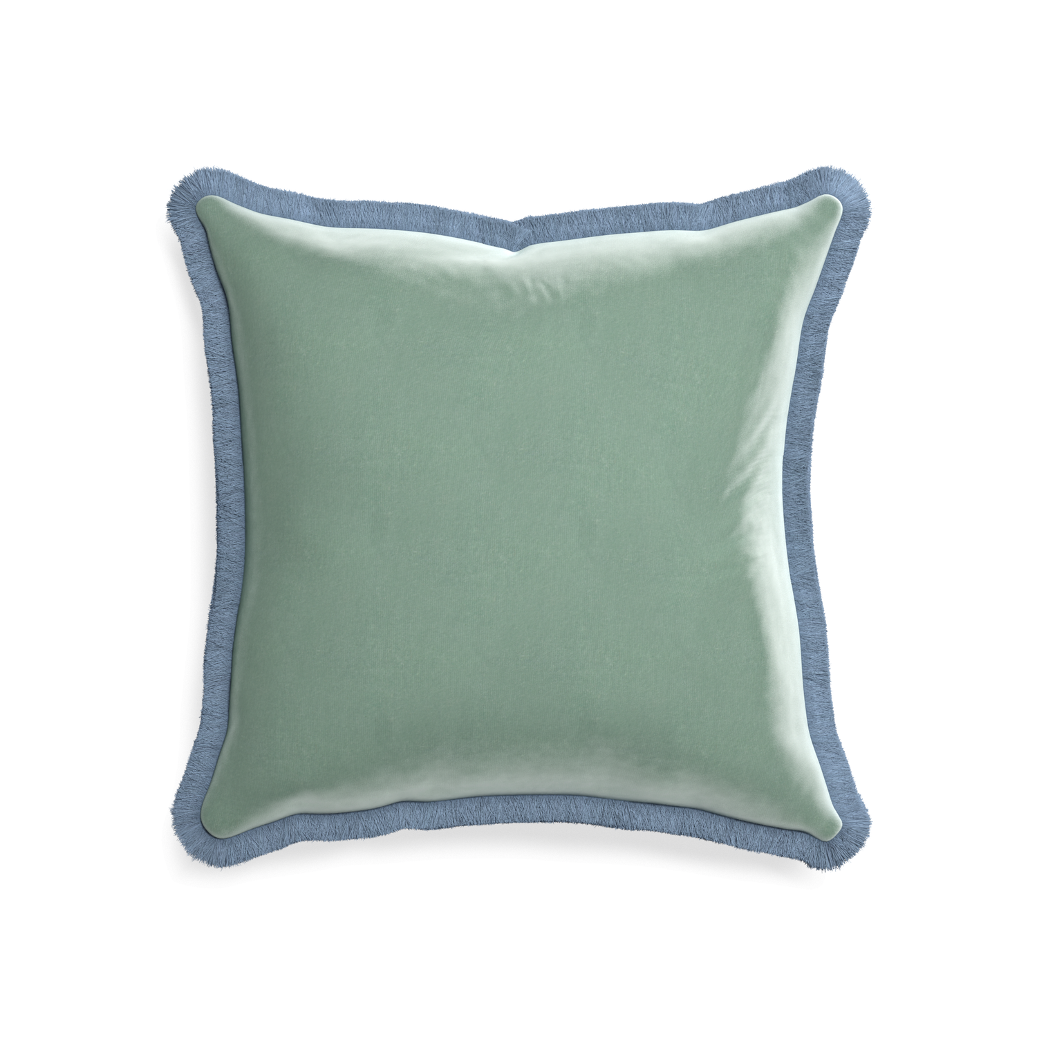 square blue green velvet pillow with sky blue fringe