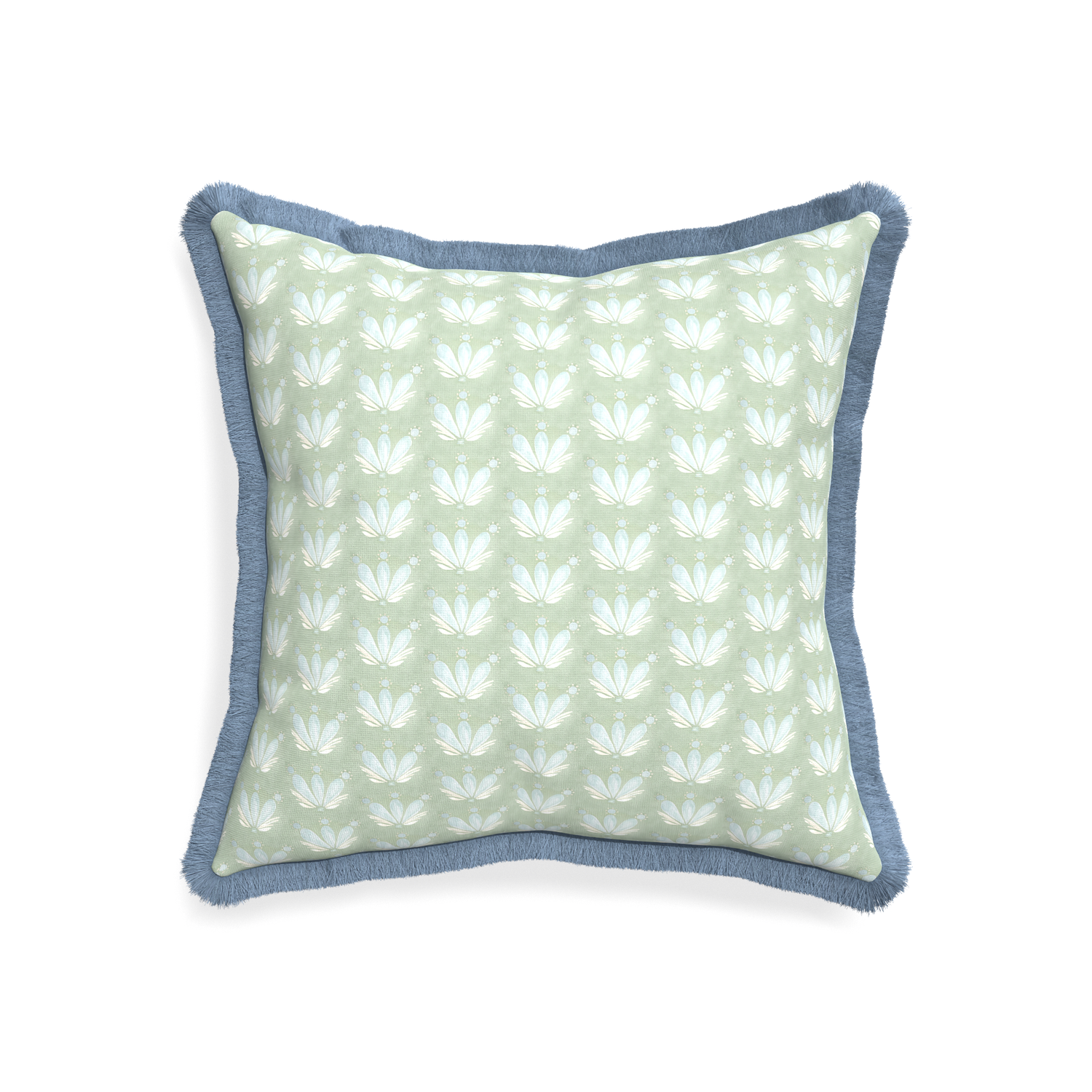 20-square serena sea salt custom blue & green floral drop repeatpillow with sky fringe on white background