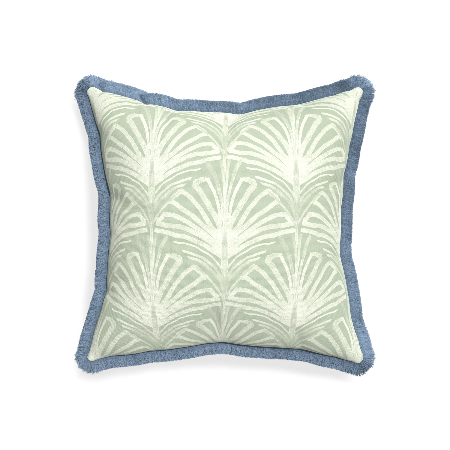 20-square suzy sage custom pillow with sky fringe on white background