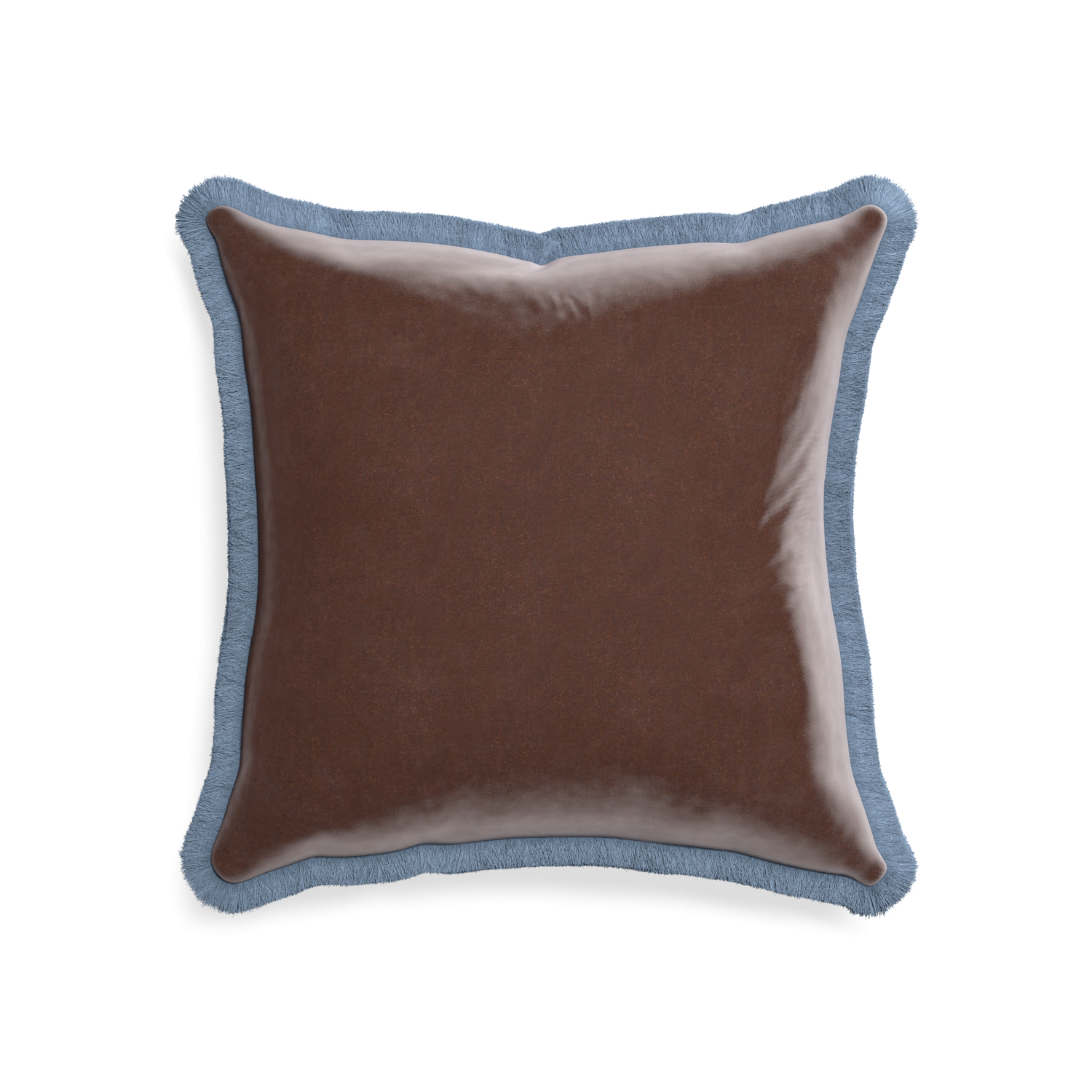 20-square walnut velvet custom pillow with sky fringe on white background