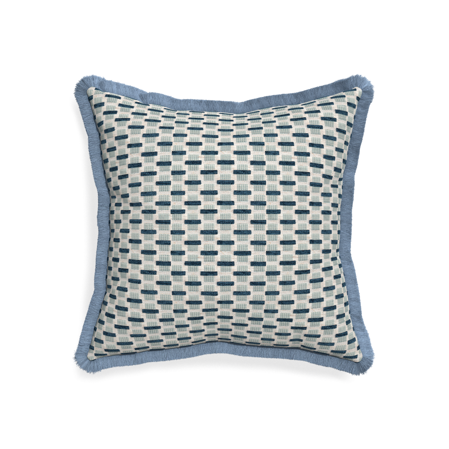 20-square willow amalfi custom blue geometric chenillepillow with sky fringe on white background
