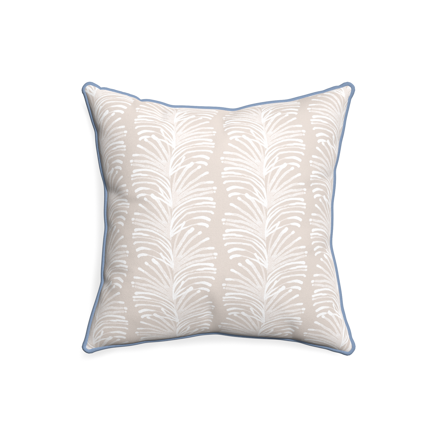 20-square emma sand custom pillow with sky piping on white background