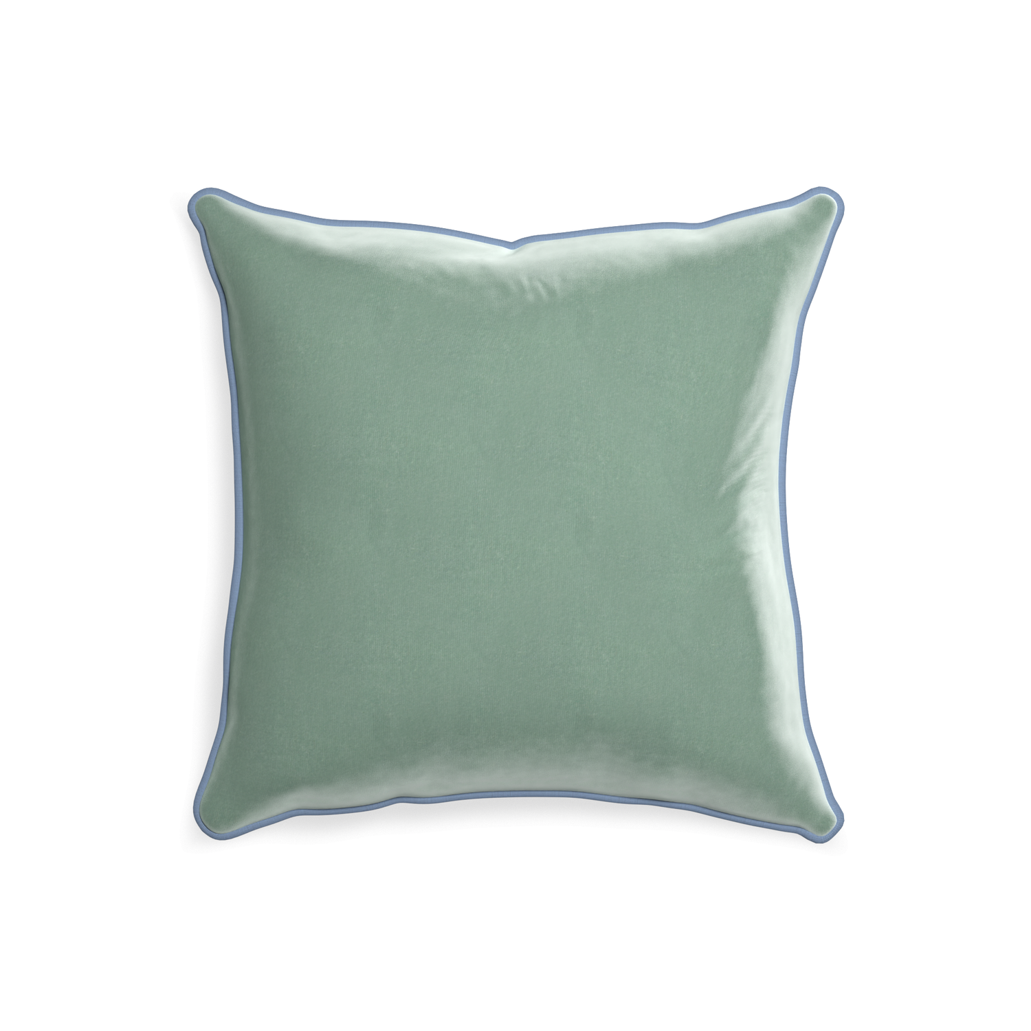 square blue green velvet pillow with sky blue piping