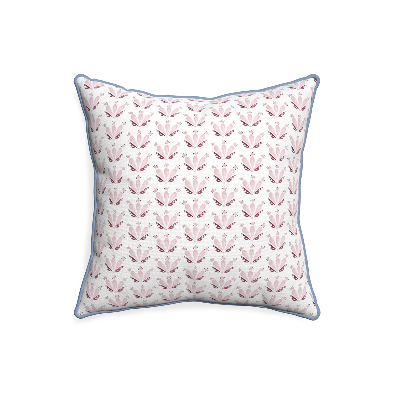 20-square serena pink custom pink & burgundy drop repeat floralpillow with sky piping on white background