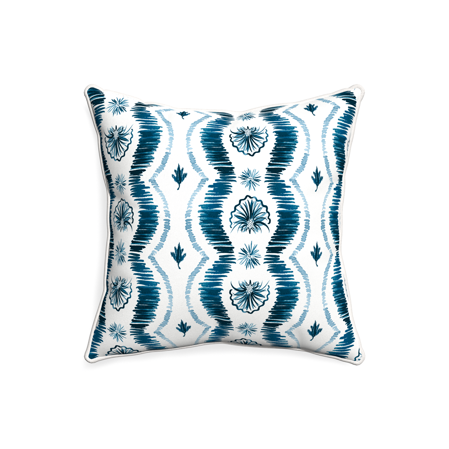 20-square alice custom blue ikatpillow with snow piping on white background