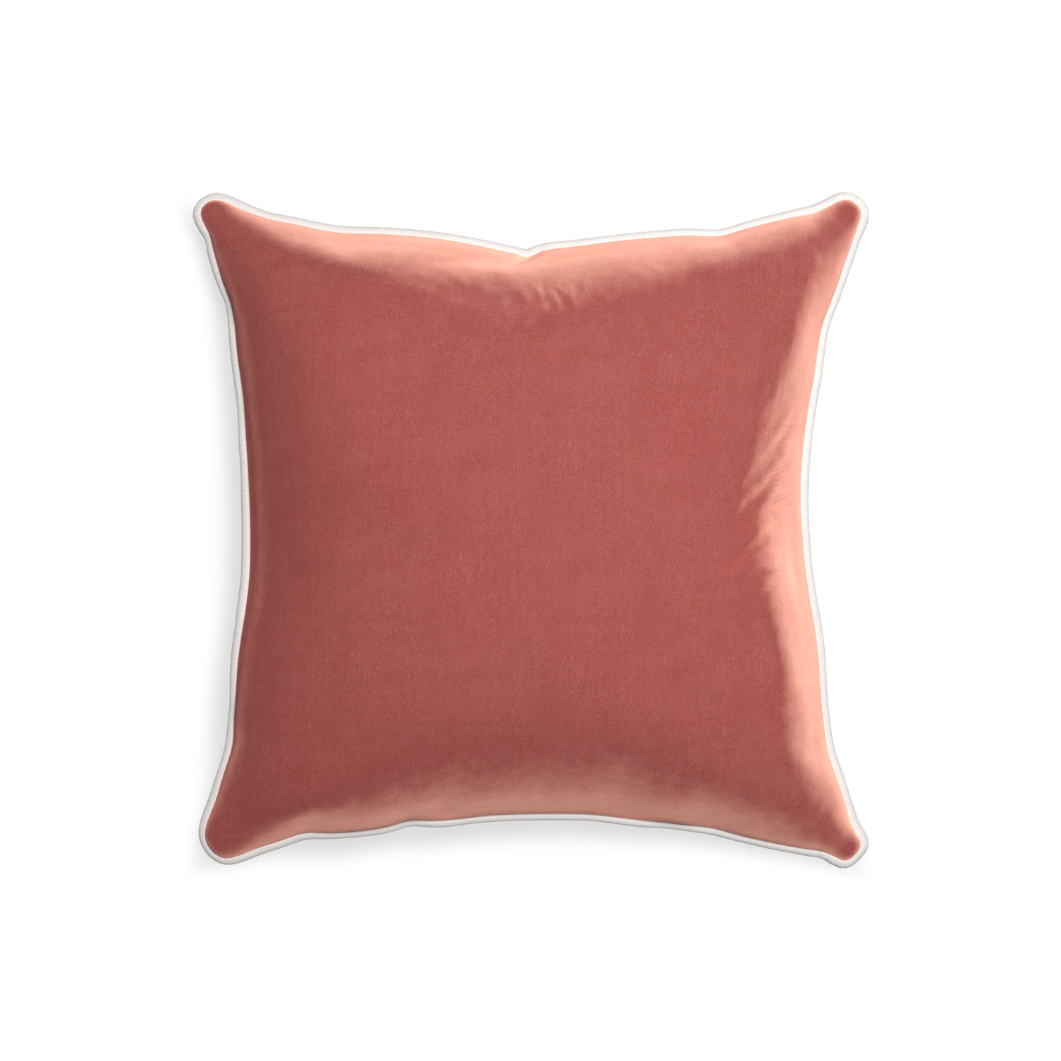 square coral velvet pillow with white piping