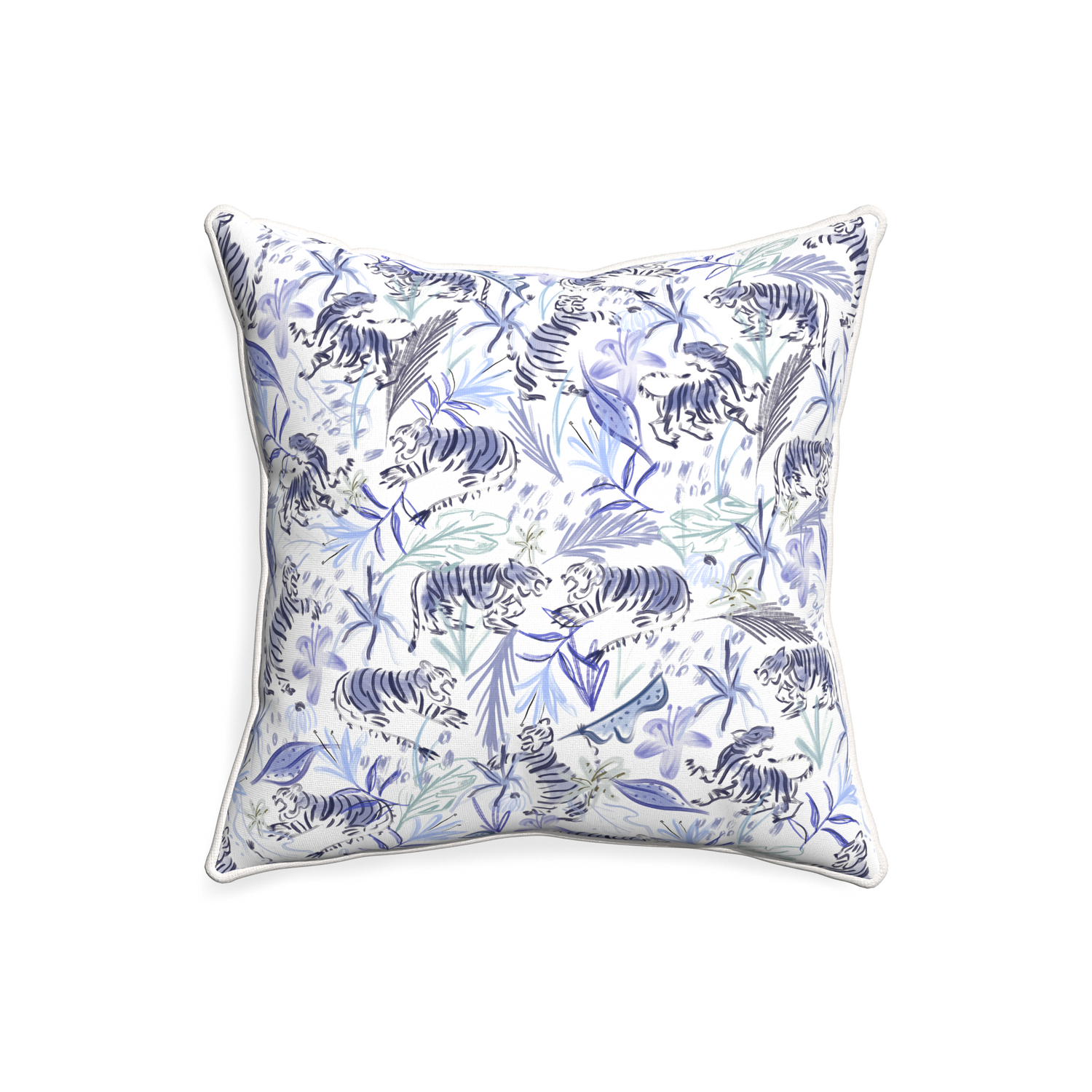 20-square frida blue custom blue with intricate tiger designpillow with snow piping on white background