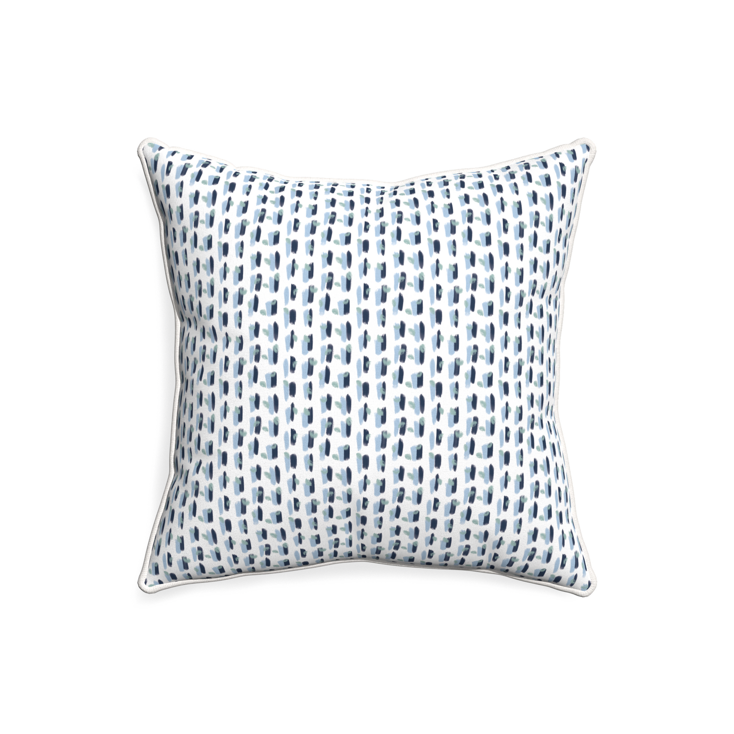 20-square poppy blue custom pillow with snow piping on white background