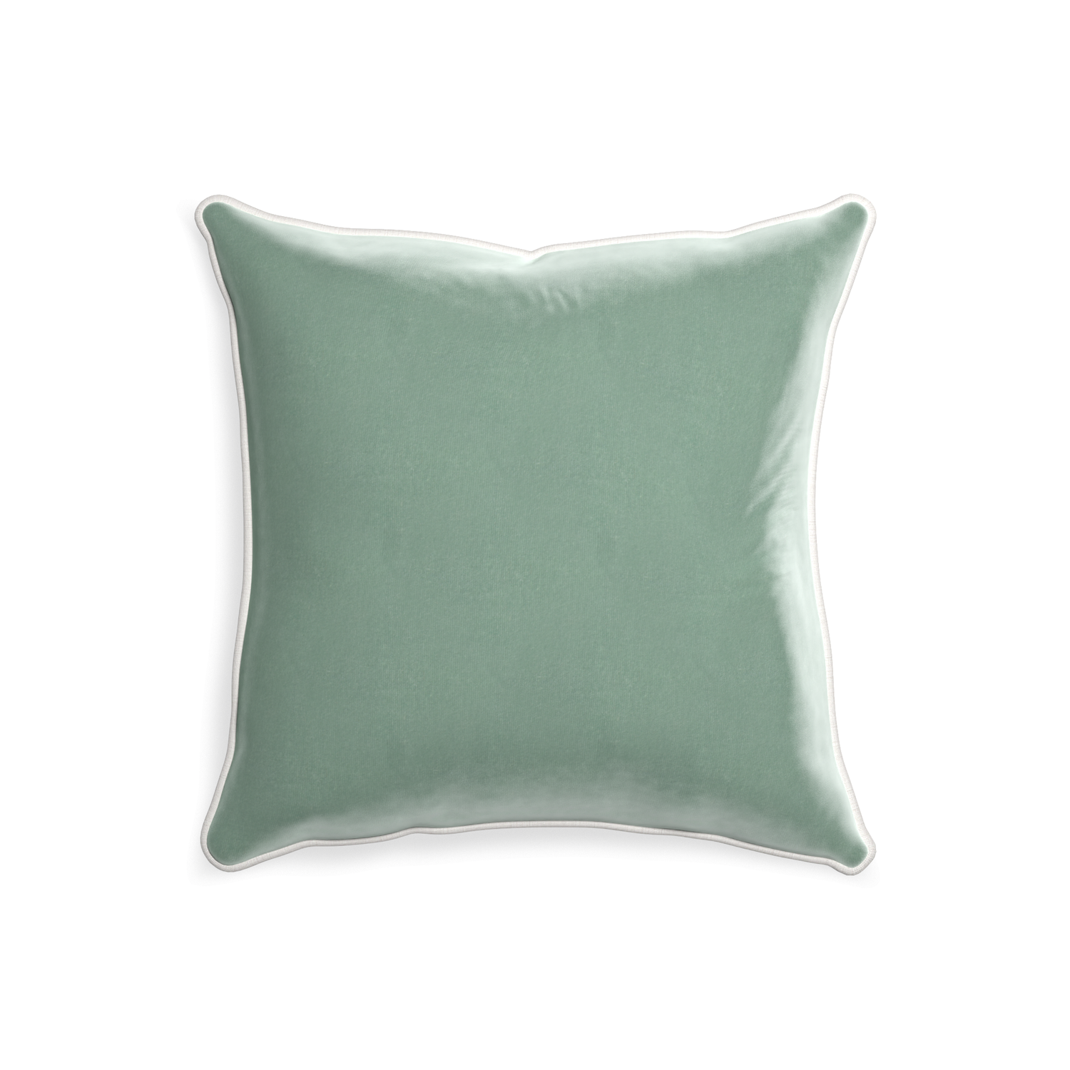 square blue green velvet pillow with white piping