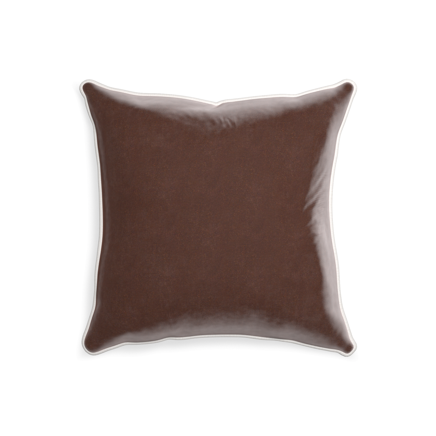 square brown velvet pillow with white piping