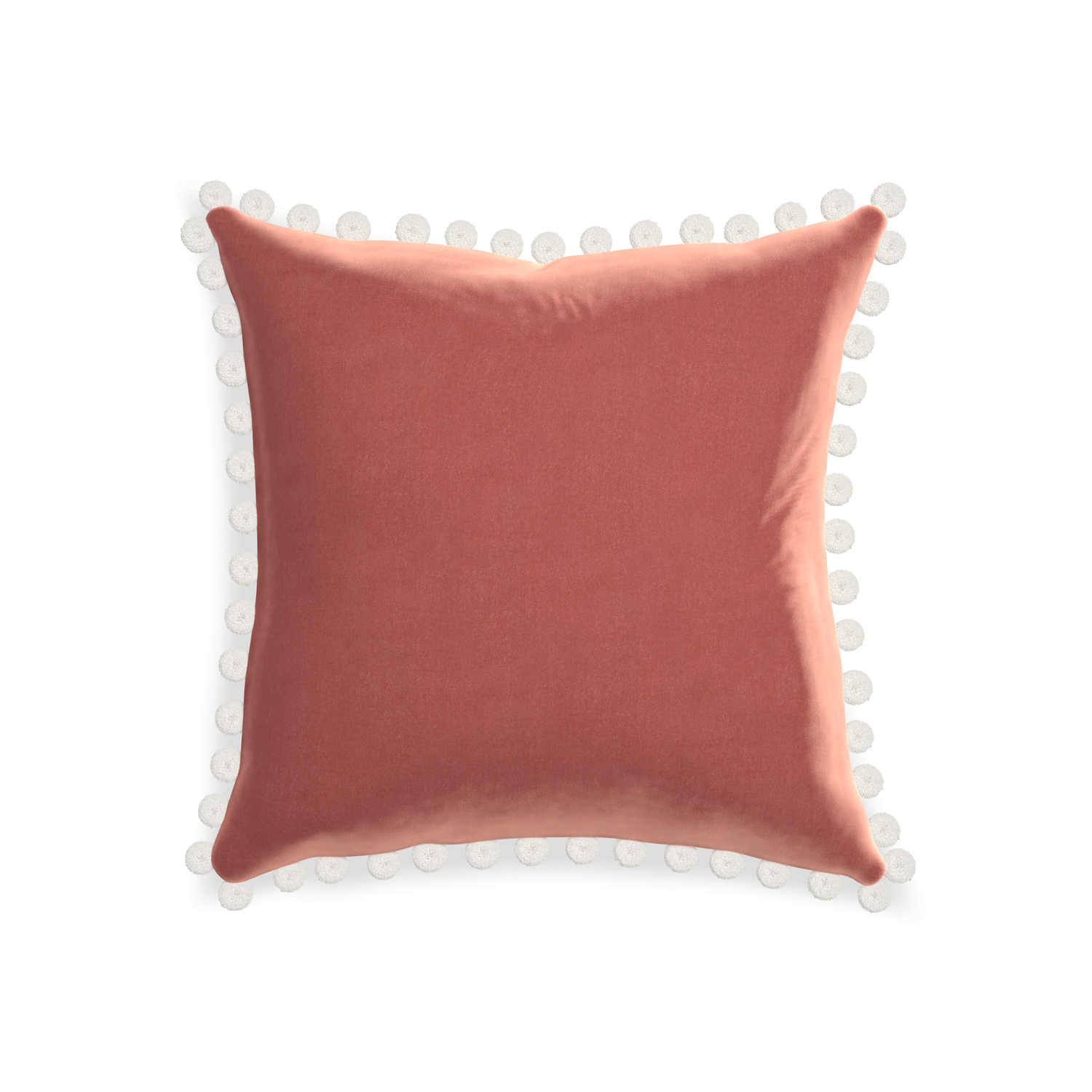 square coral velvet pillow with white pom poms
