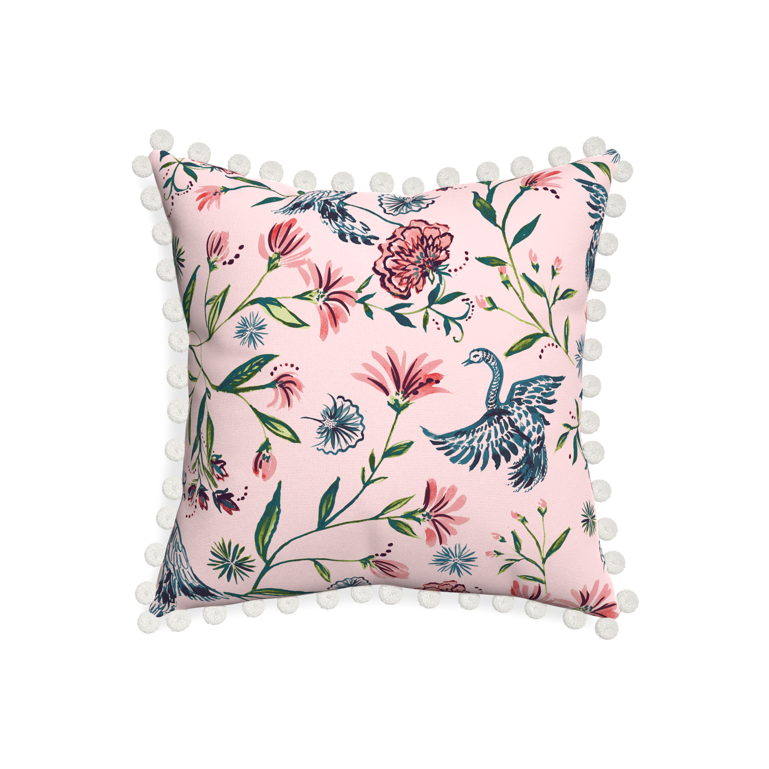 20-square daphne rose custom pillow with snow pom pom on white background