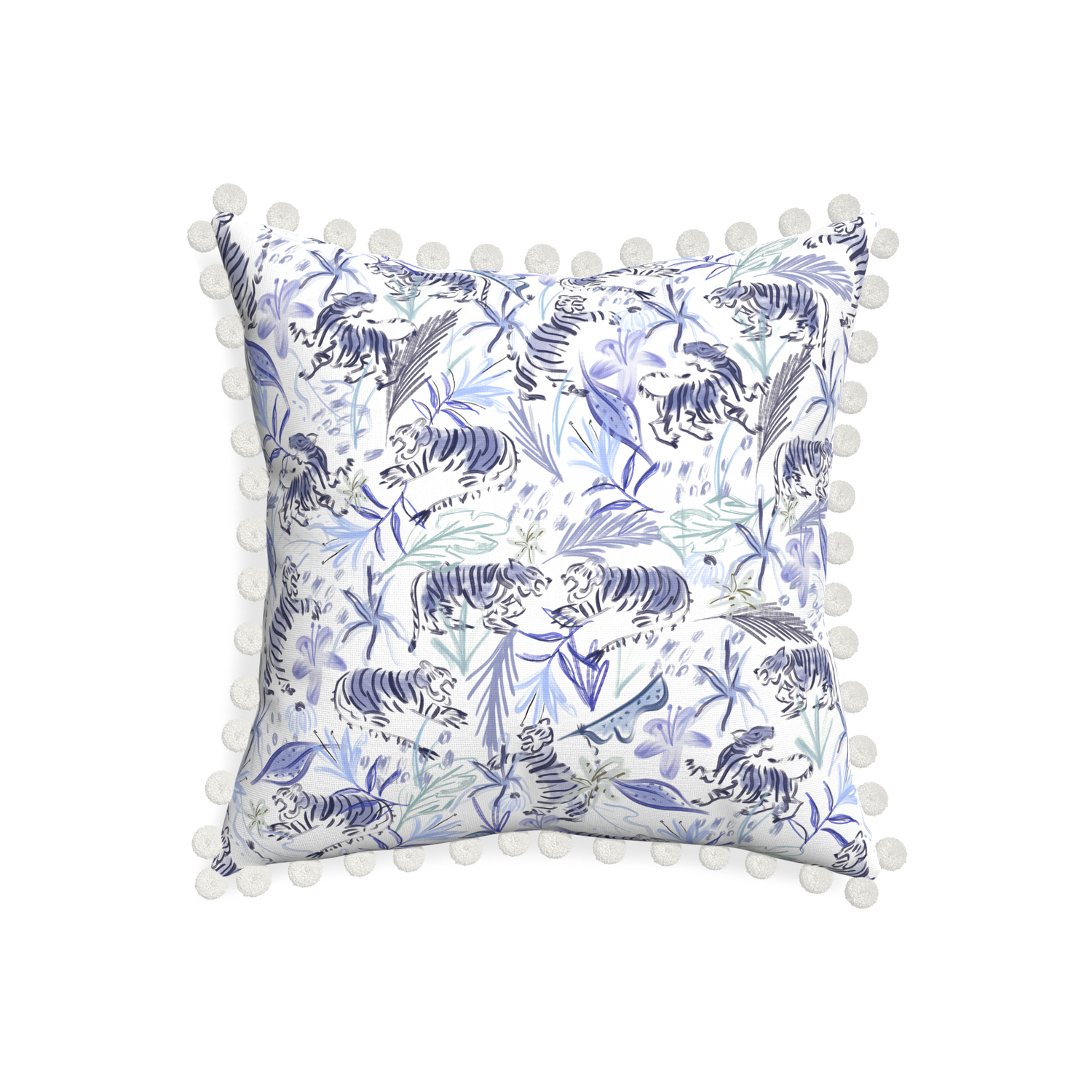 20-square frida blue custom blue with intricate tiger designpillow with snow pom pom on white background