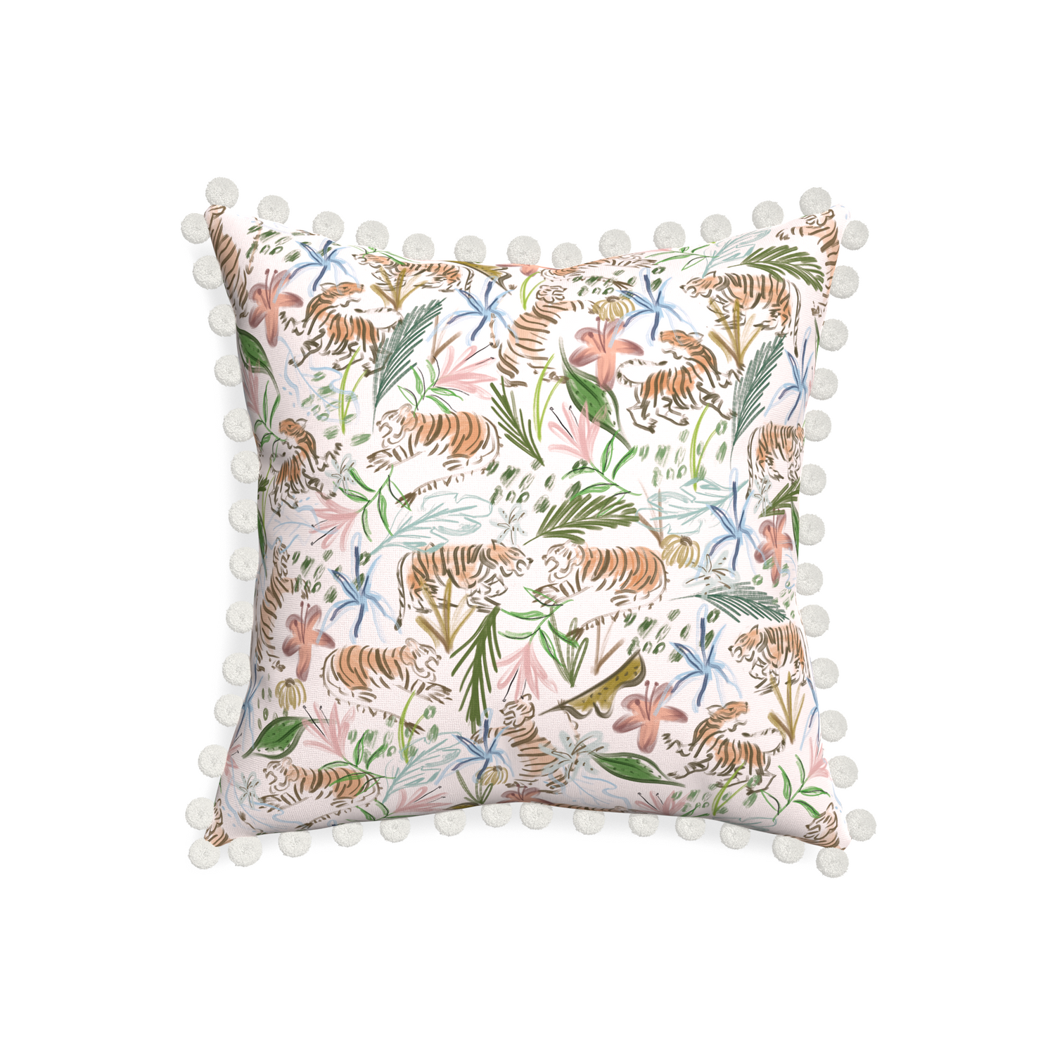 20-square frida pink custom pink chinoiserie tigerpillow with snow pom pom on white background