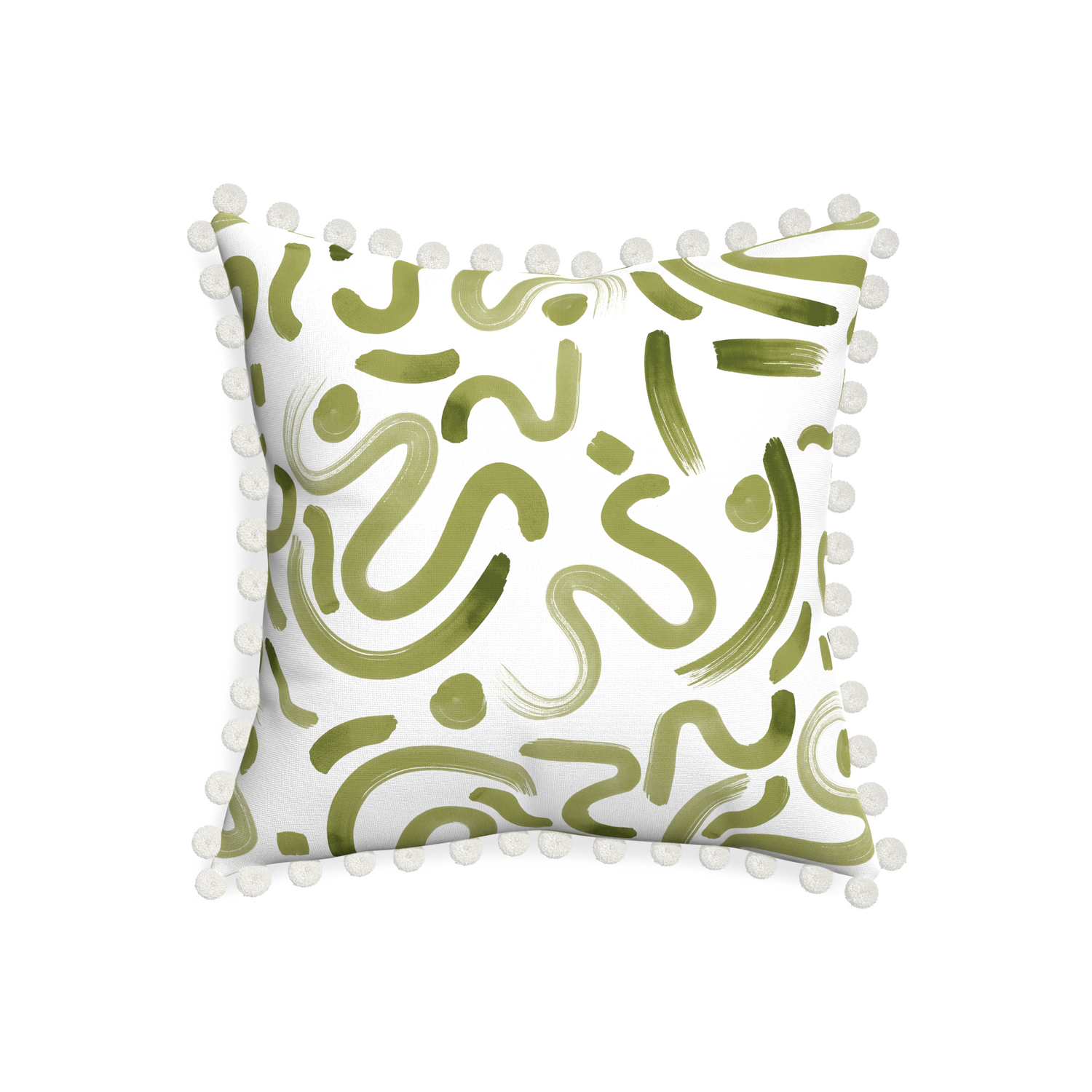 20-square hockney moss custom pillow with snow pom pom on white background