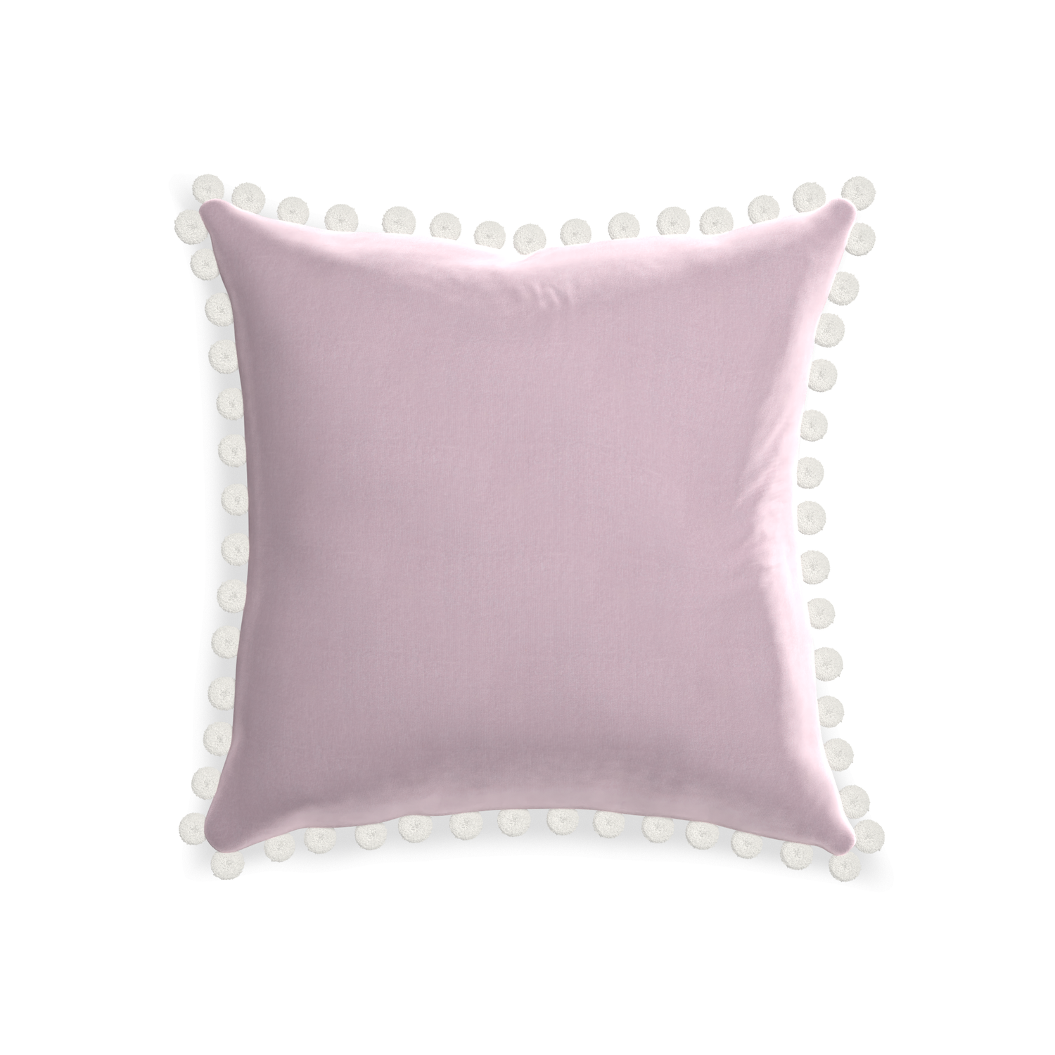 square lilac velvet pillow with white pom poms