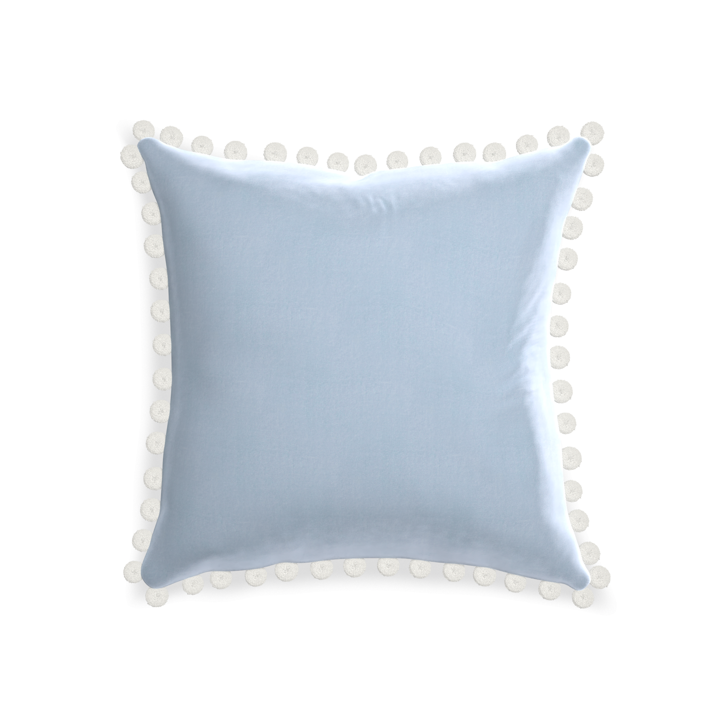 square light blue velvet pillow with white pom pom 