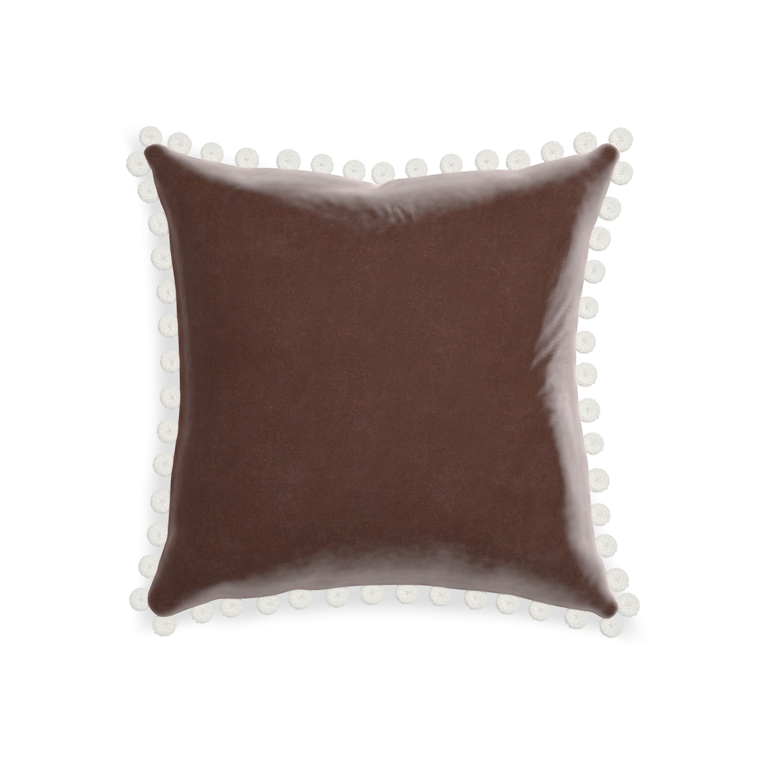 square brown velvet pillow with white pom poms