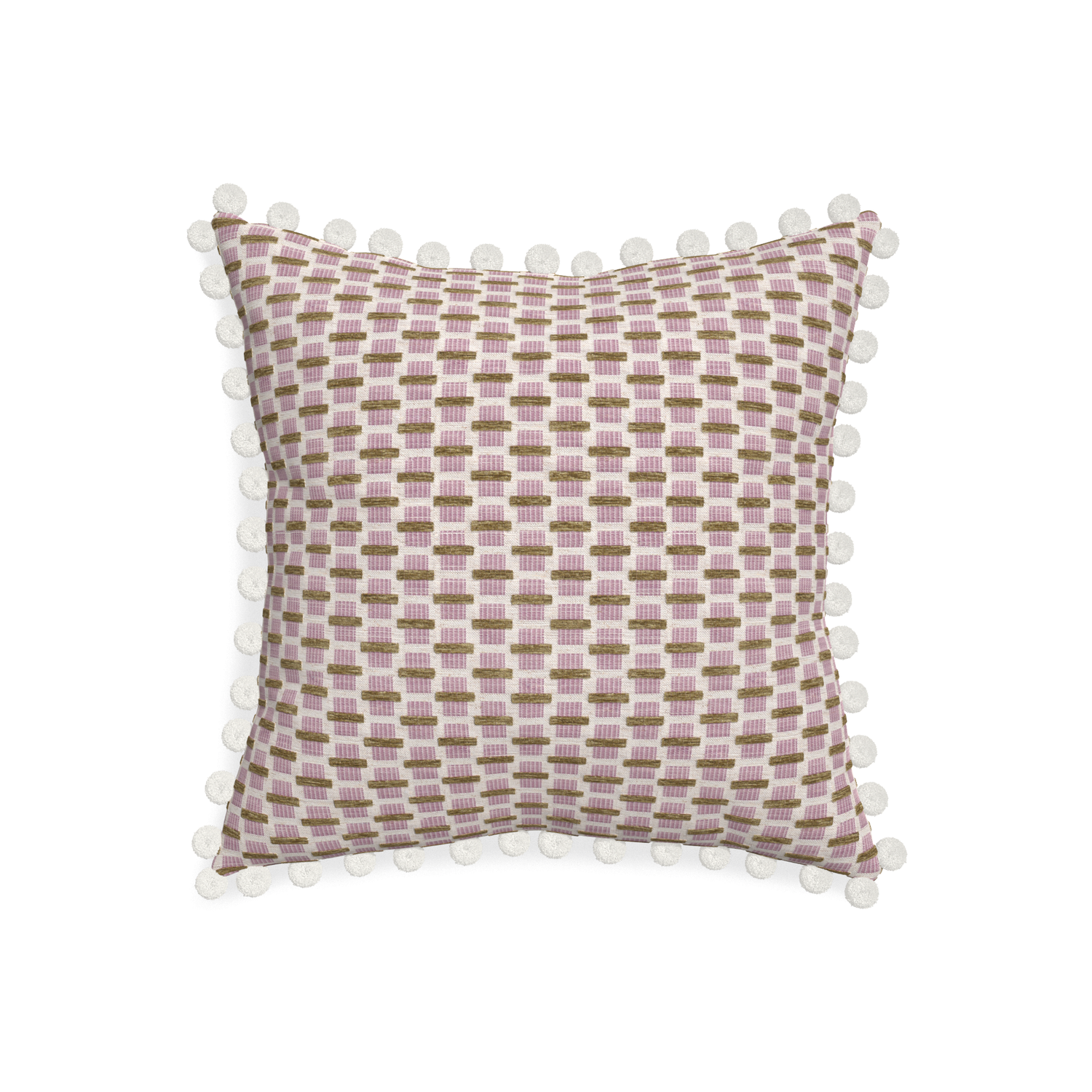 20-square willow orchid custom pink geometric chenillepillow with snow pom pom on white background