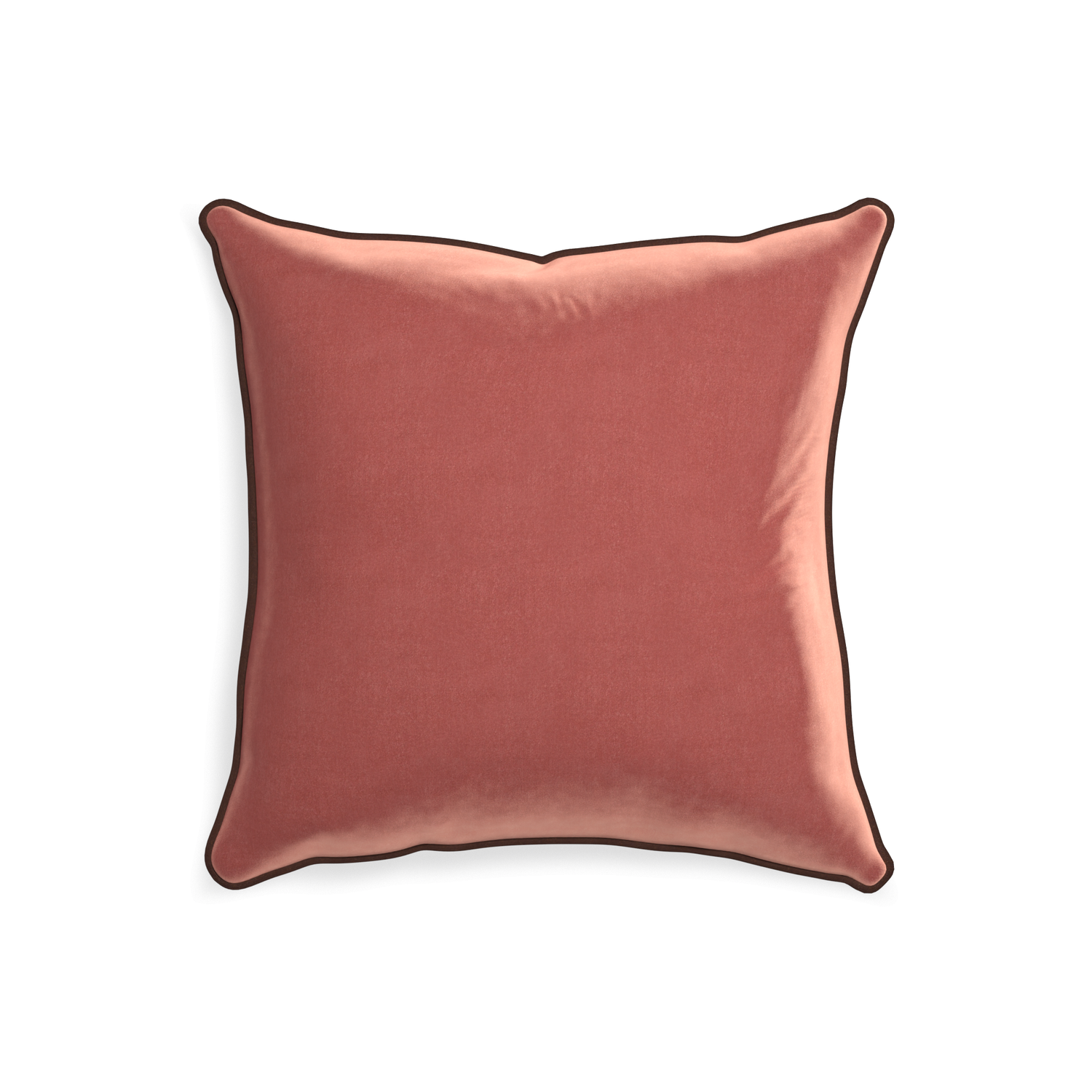 square coral velvet pillow with brown piping