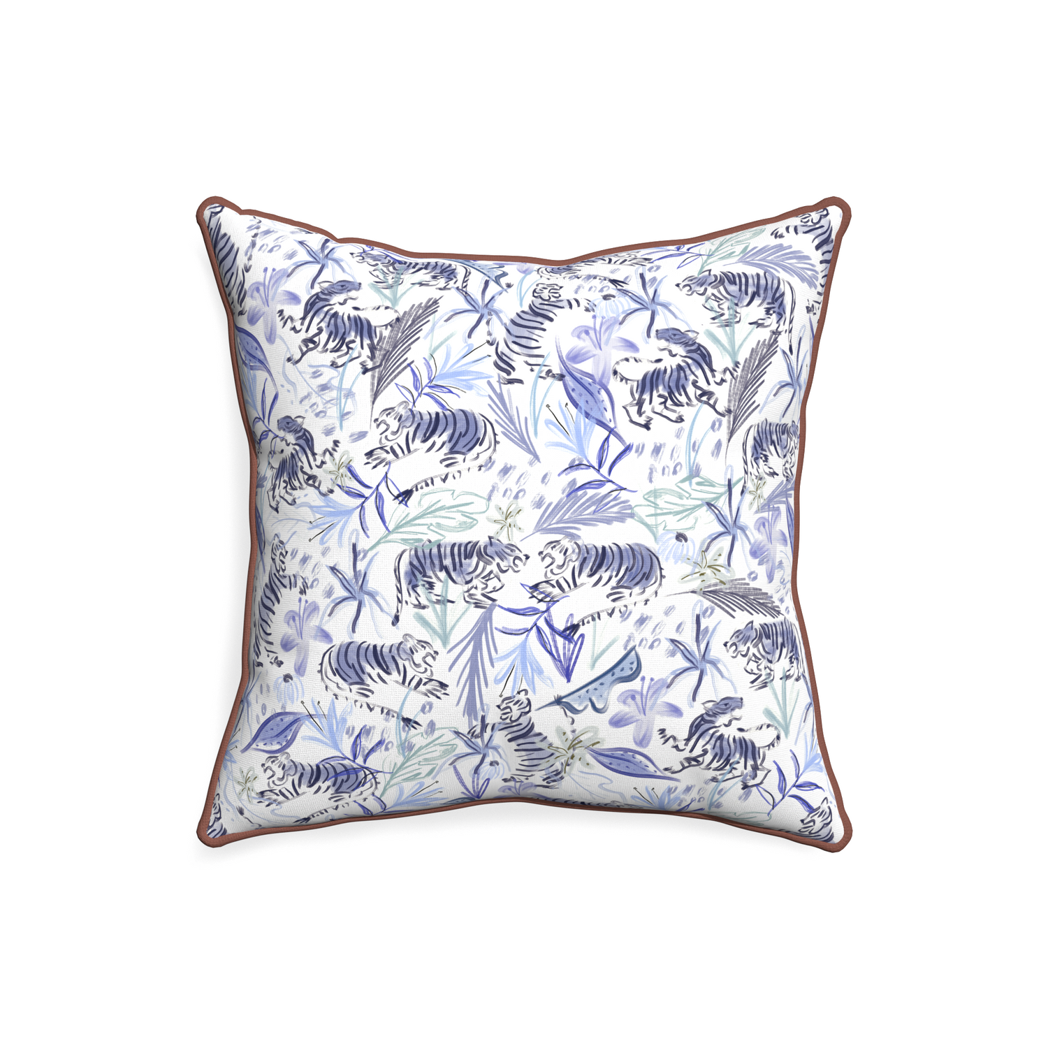20-square frida blue custom blue with intricate tiger designpillow with w piping on white background