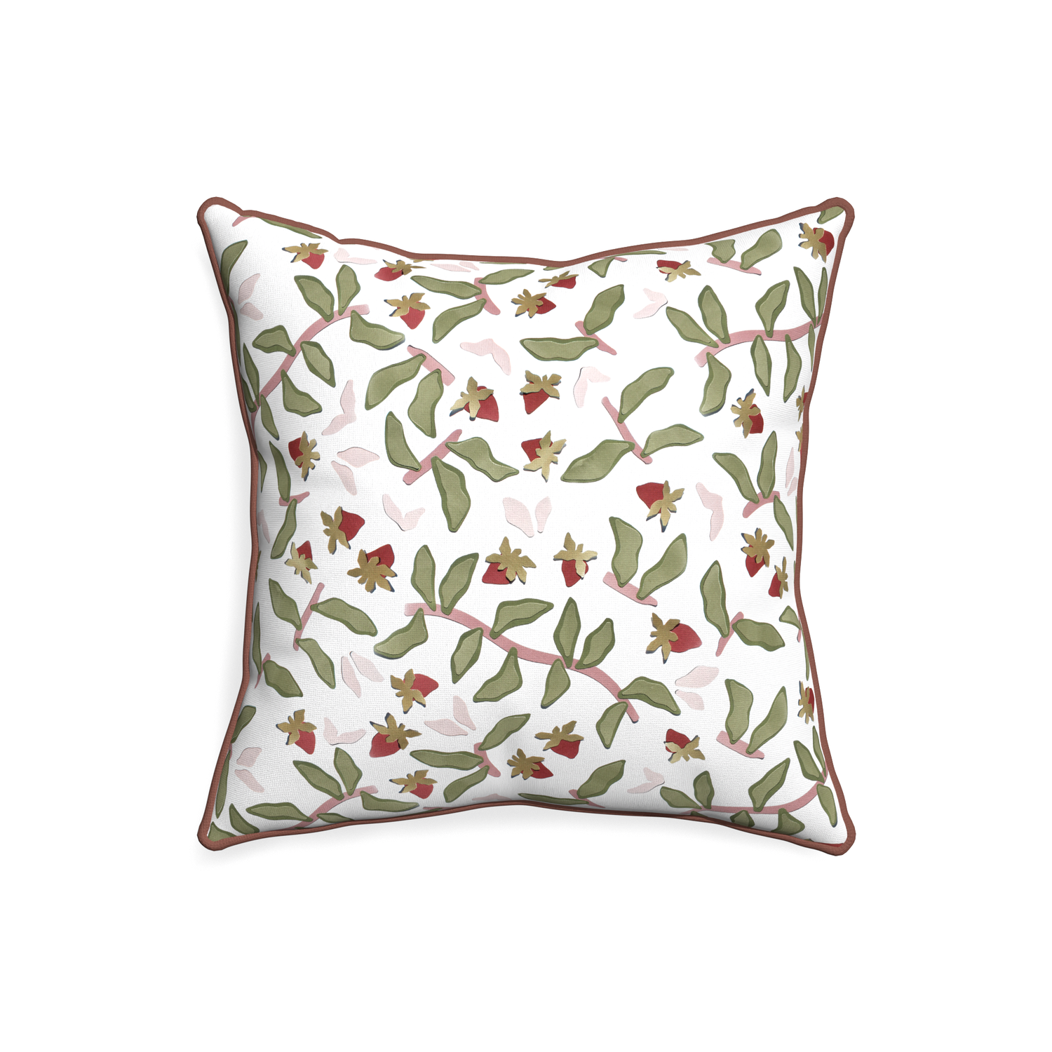20-square nellie custom strawberry & botanicalpillow with w piping on white background