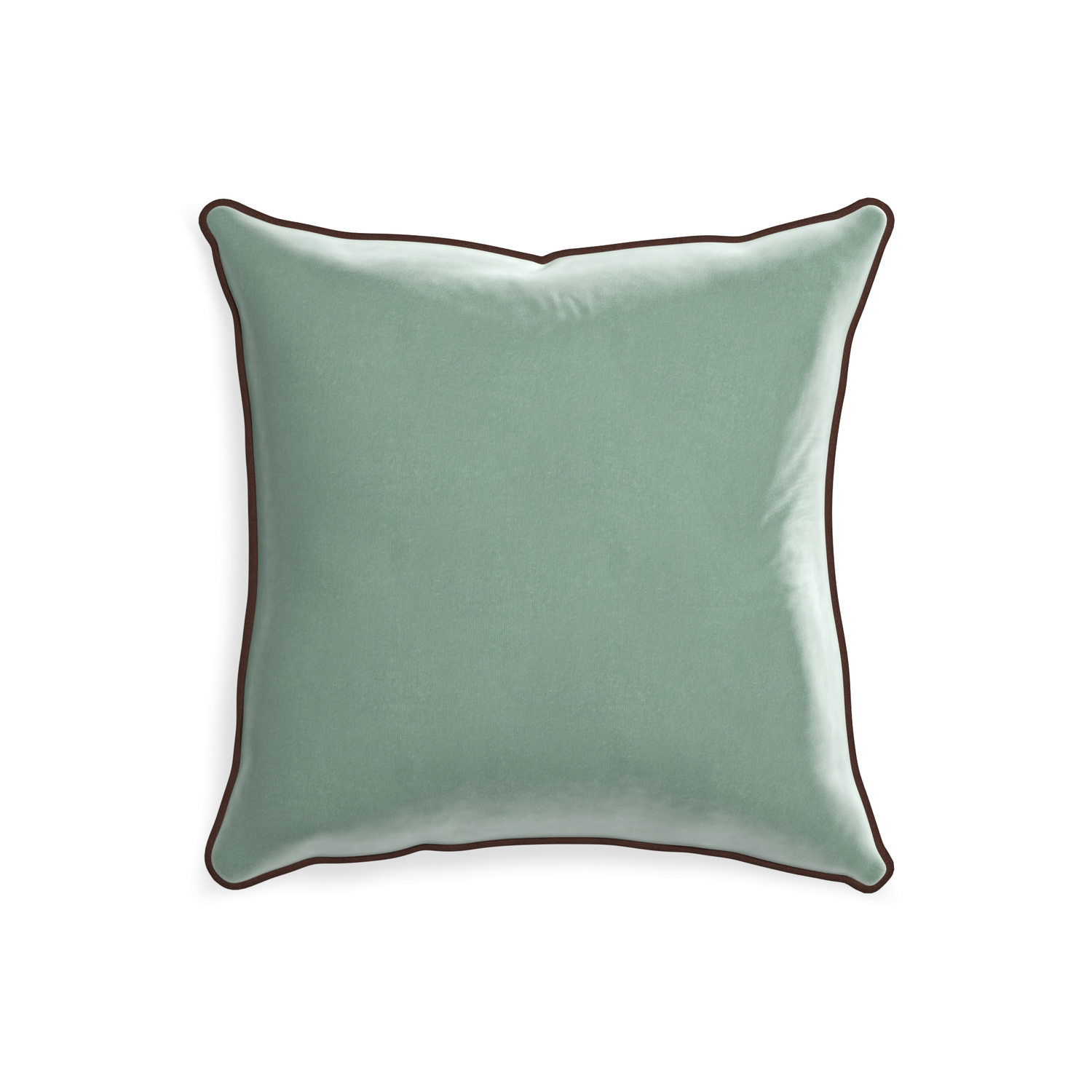 square blue green velvet pillow with brown piping