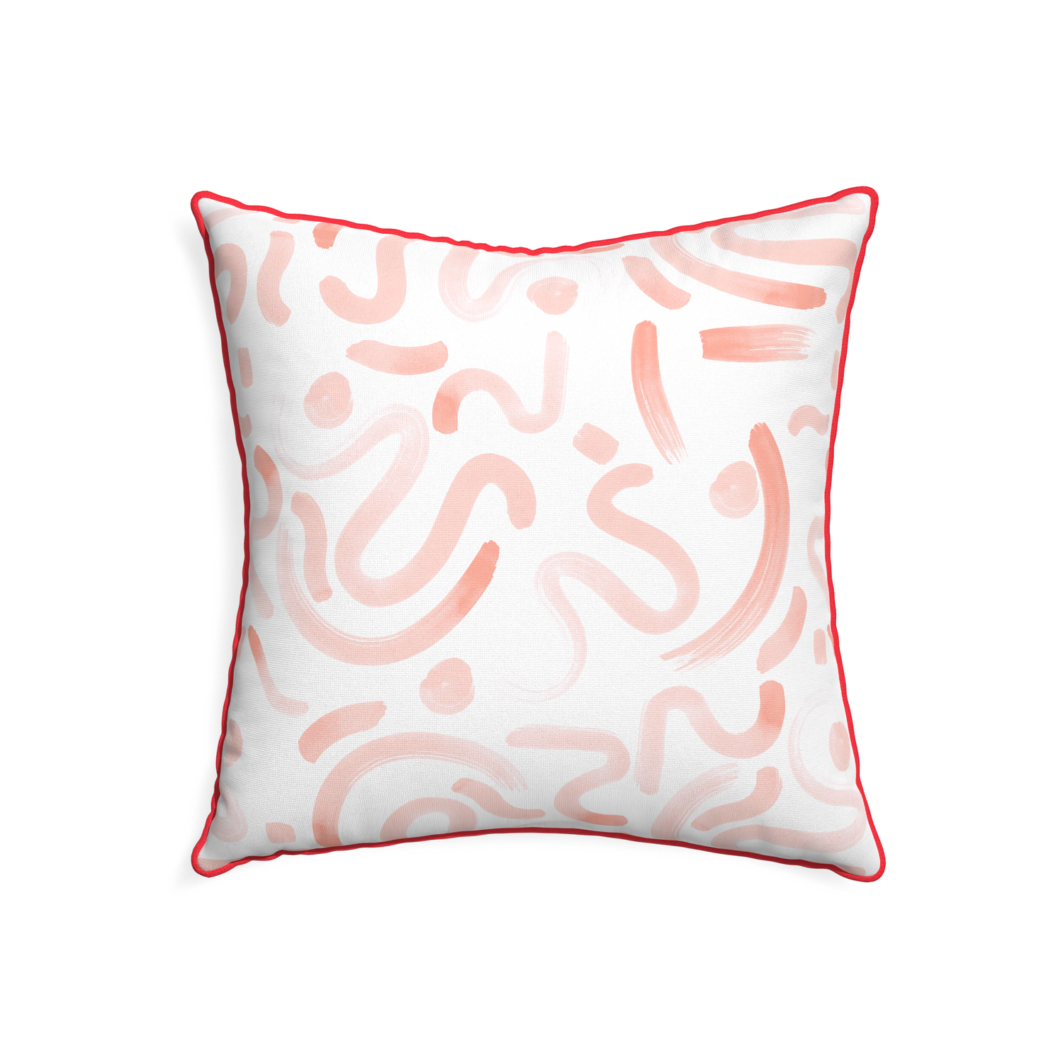 22-square hockney pink custom pillow with cherry piping on white background