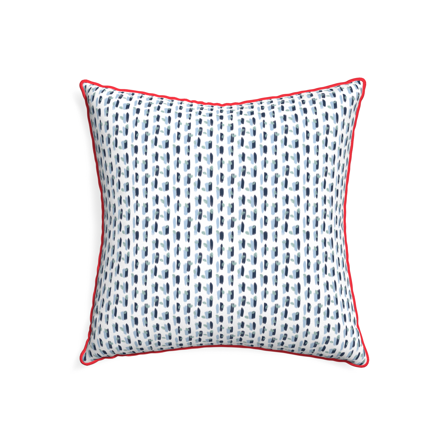 22-square poppy blue custom pillow with cherry piping on white background