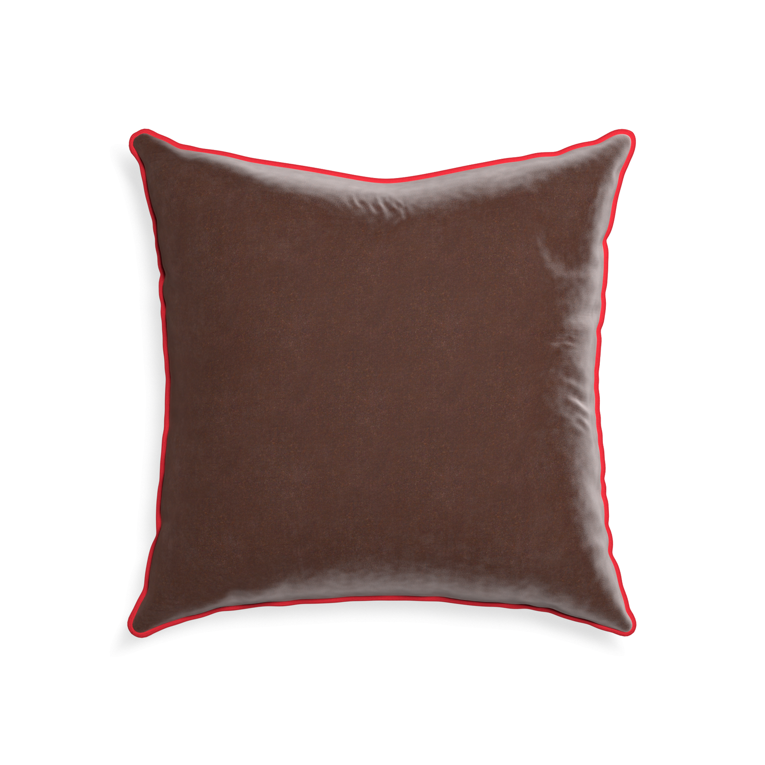 22-square walnut velvet custom pillow with cherry piping on white background