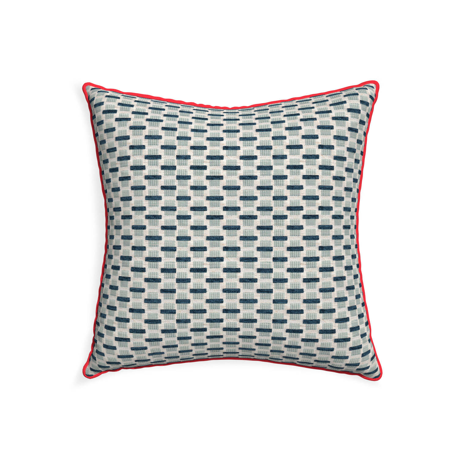 22-square willow amalfi custom blue geometric chenillepillow with cherry piping on white background