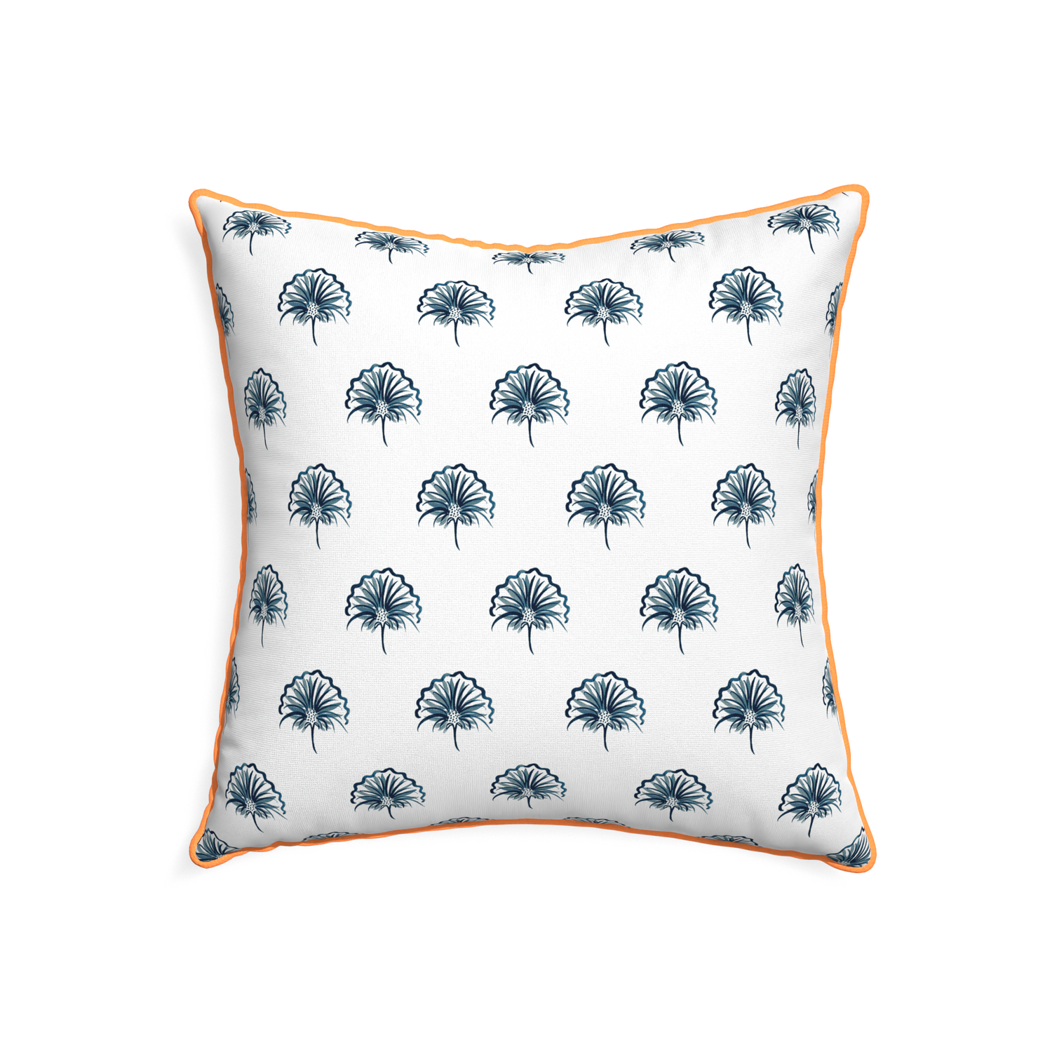 22-square penelope midnight custom pillow with clementine piping on white background