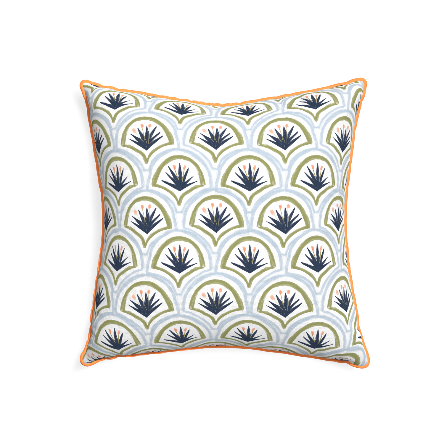 22-square thatcher midnight custom art deco palm patternpillow with clementine piping on white background