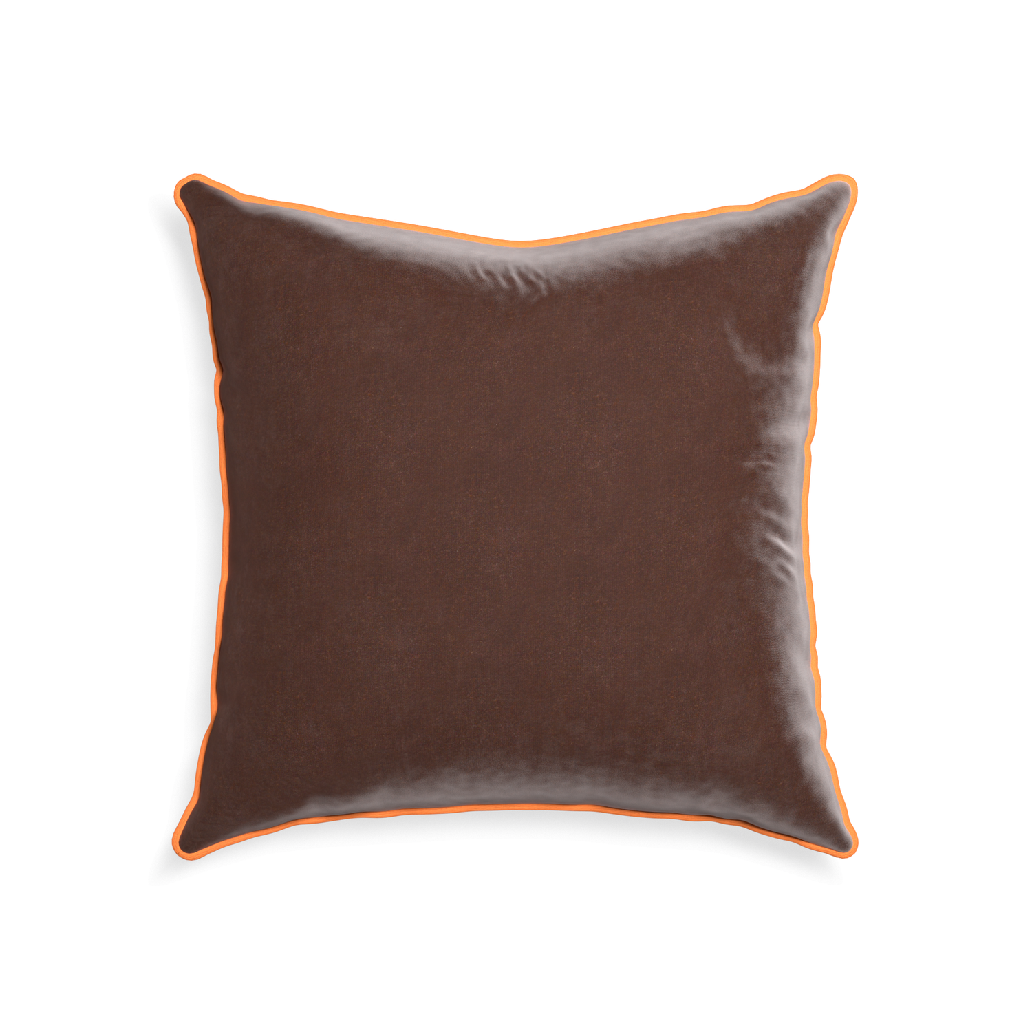 22-square walnut velvet custom pillow with clementine piping on white background