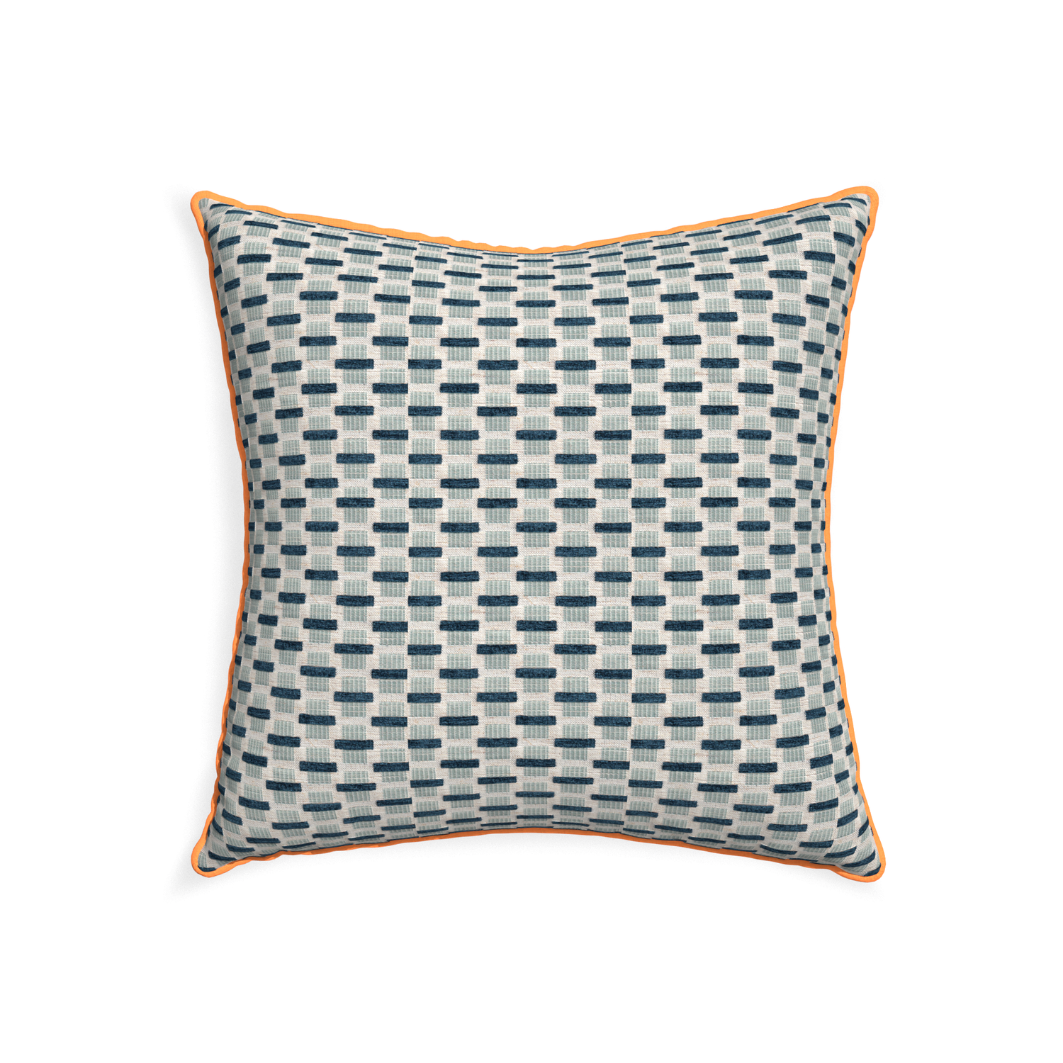22-square willow amalfi custom blue geometric chenillepillow with clementine piping on white background