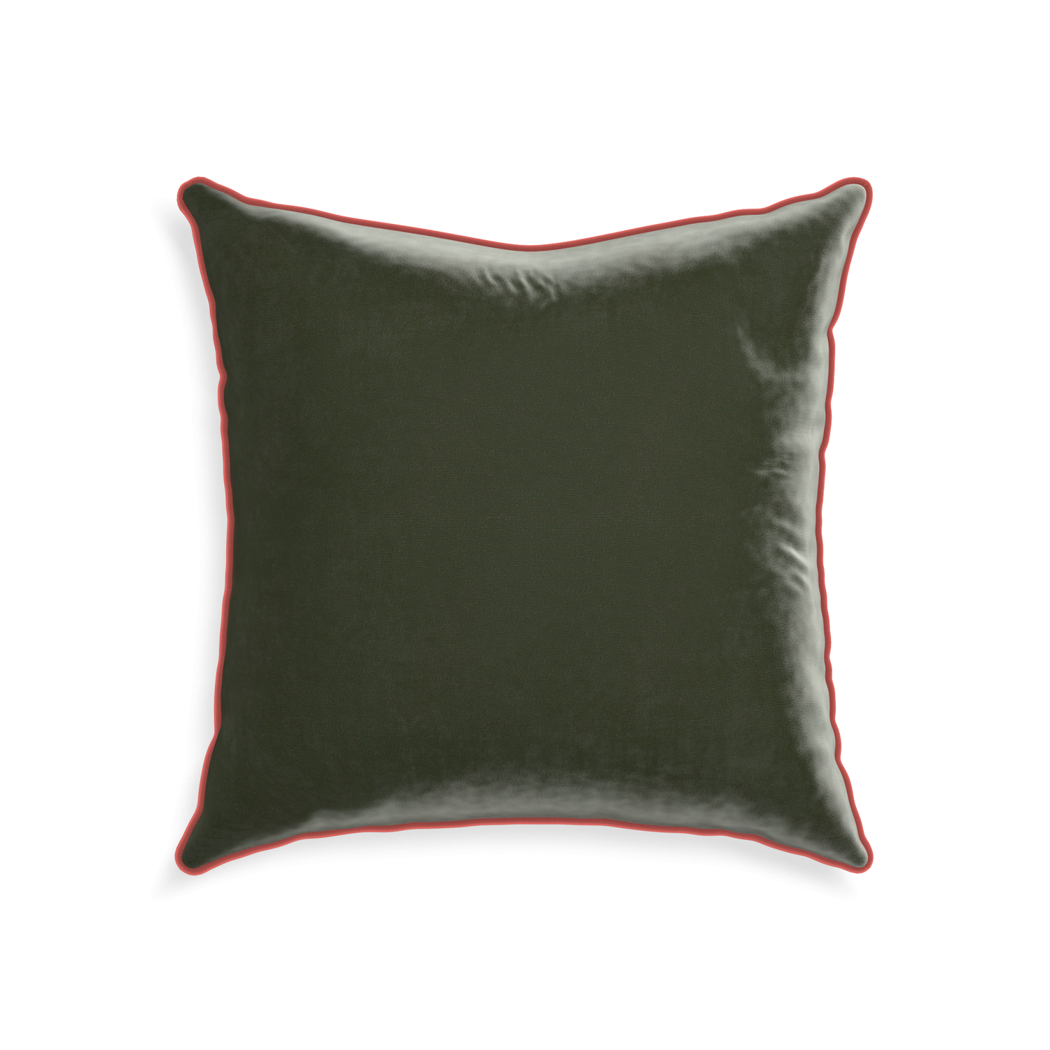 square fern green velvet pillow with coral piping