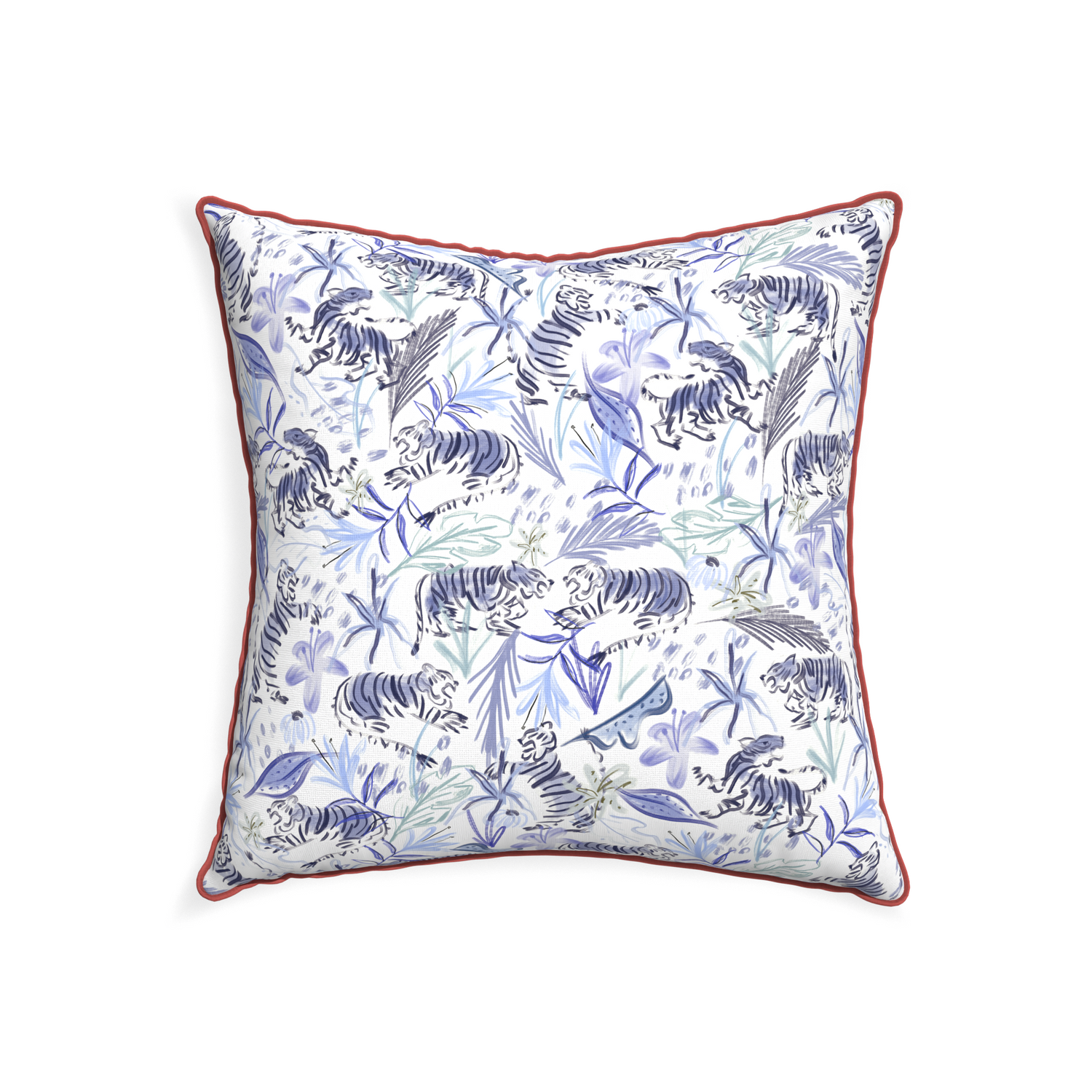 22-square frida blue custom blue with intricate tiger designpillow with c piping on white background