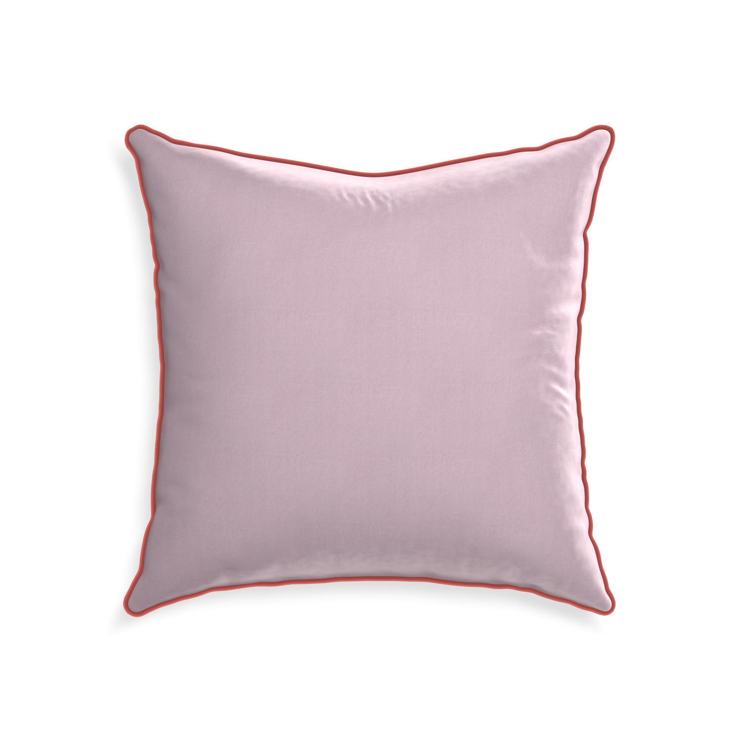 square lilac velvet pillow with coral piping